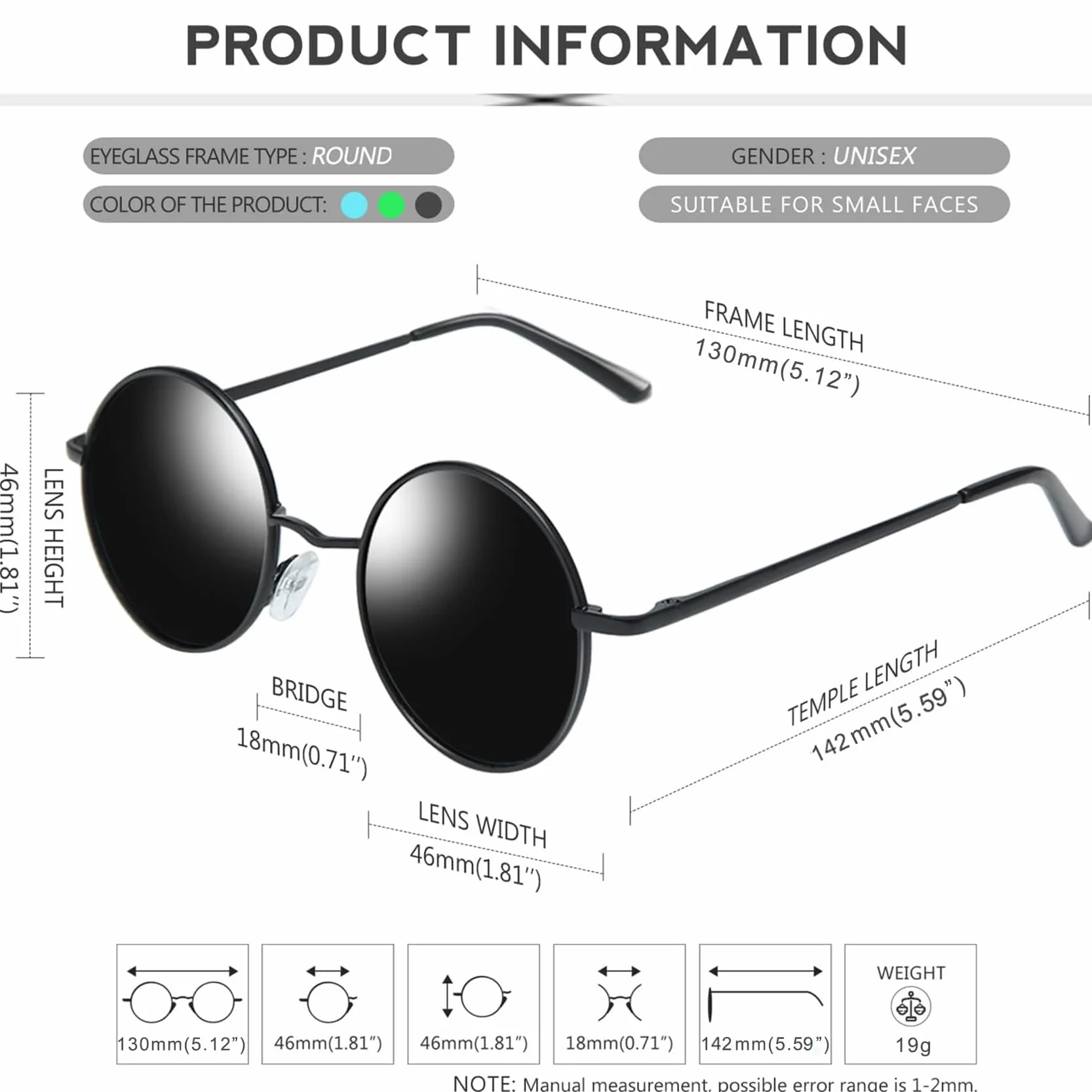 KANASTAL Gafas de Sol Polarizadas UV400 Redondas Vintage 46mm