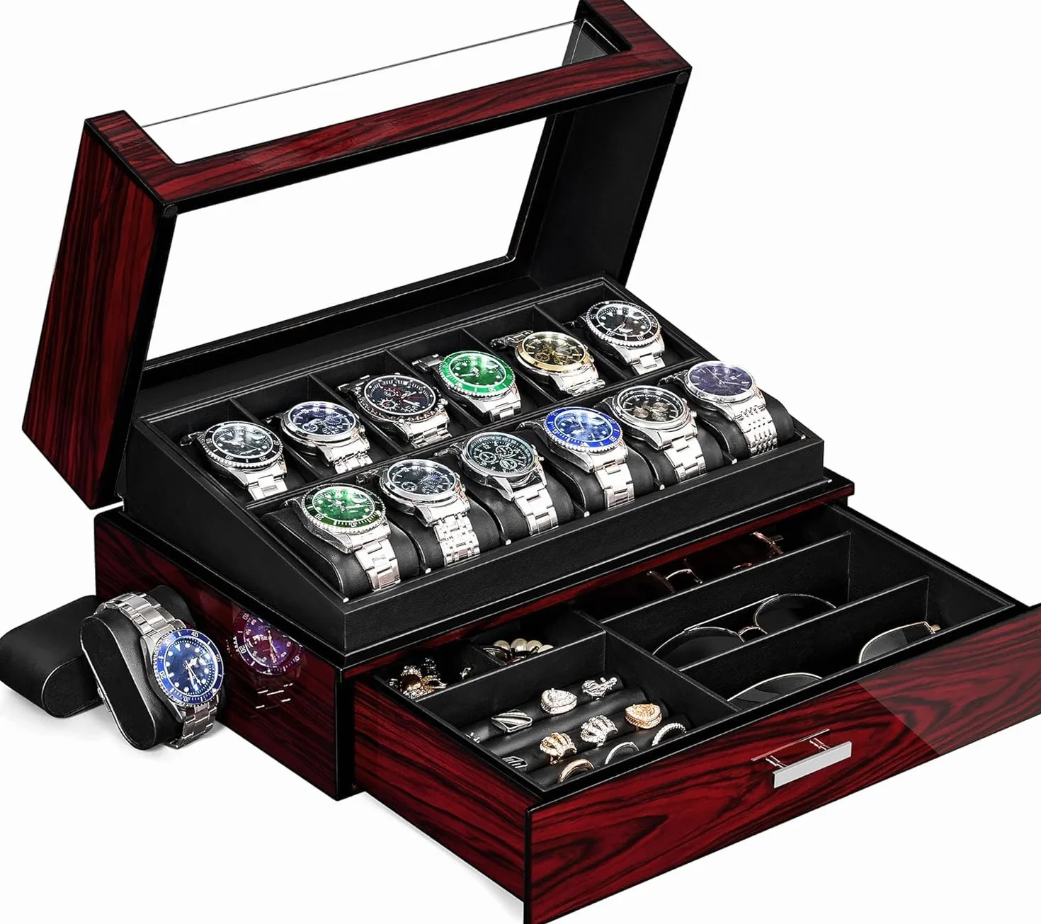 ANWBROAD Caja Relojes para Hombre 12 Compartimentos Tapa de Cristal Caja de Relojes 2 Capas de Pintura Relojero Organizador para Guardar Joyas Forro de PU Regalo para Hombre y Mujer JWB005Y