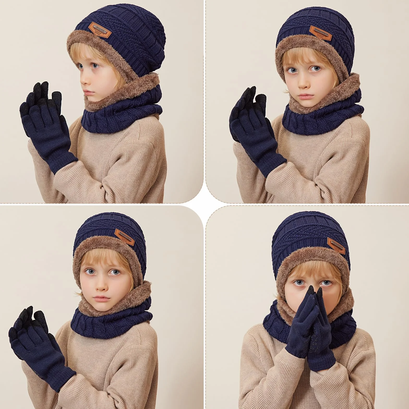 Conjunto de Gorro, Bufanda y Guantes 3PCs para Niños, Gorro de Punto con Forro Polar, Guantes Táctiles de Invierno