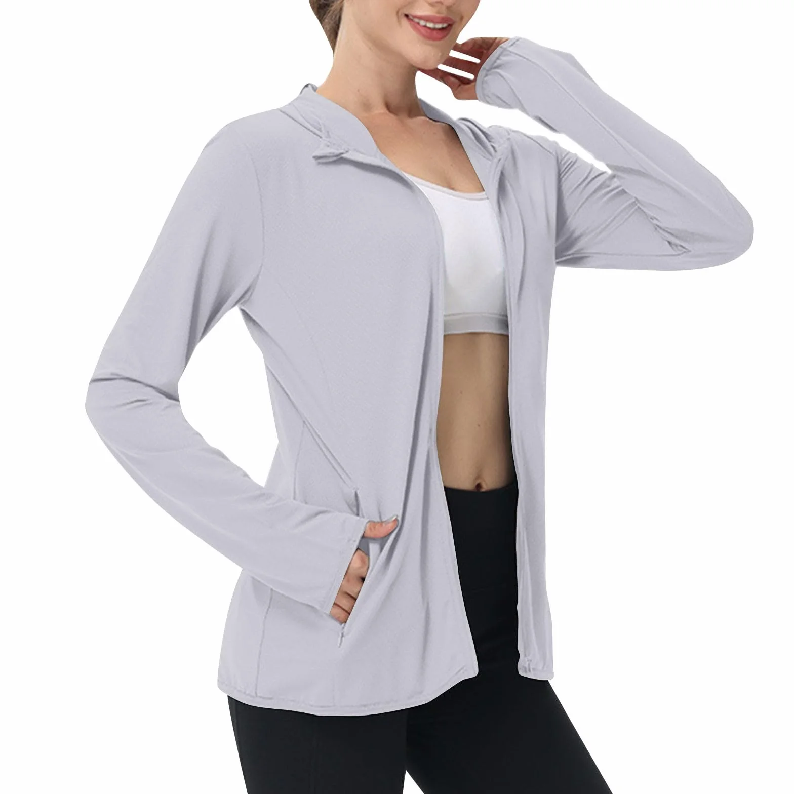 Chaqueta de protección UV para mujer manga larga transpirable capucha deportiva verano
