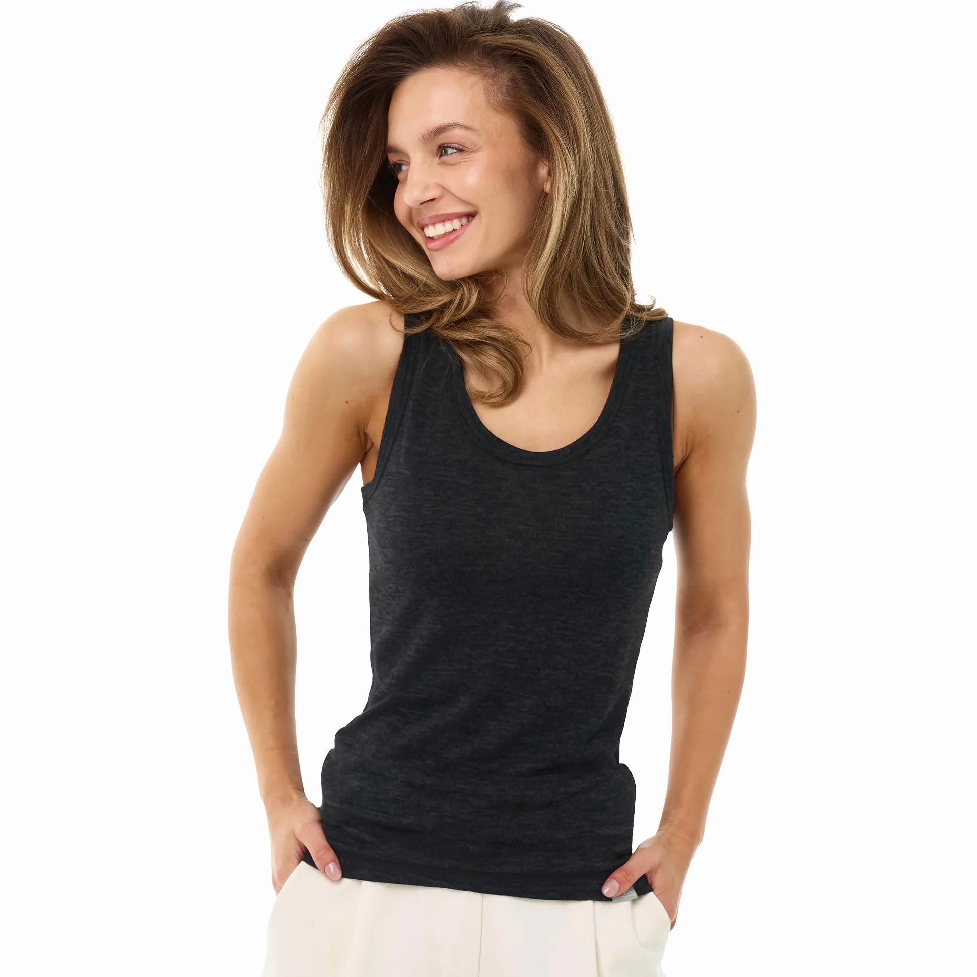 Camiseta Tirantes Mujer Lana Merino - Camiseta Interior Lana Merino Mujer Activa Capa Base, Evacuación de Humedad (Medium, Charcoal Basic)