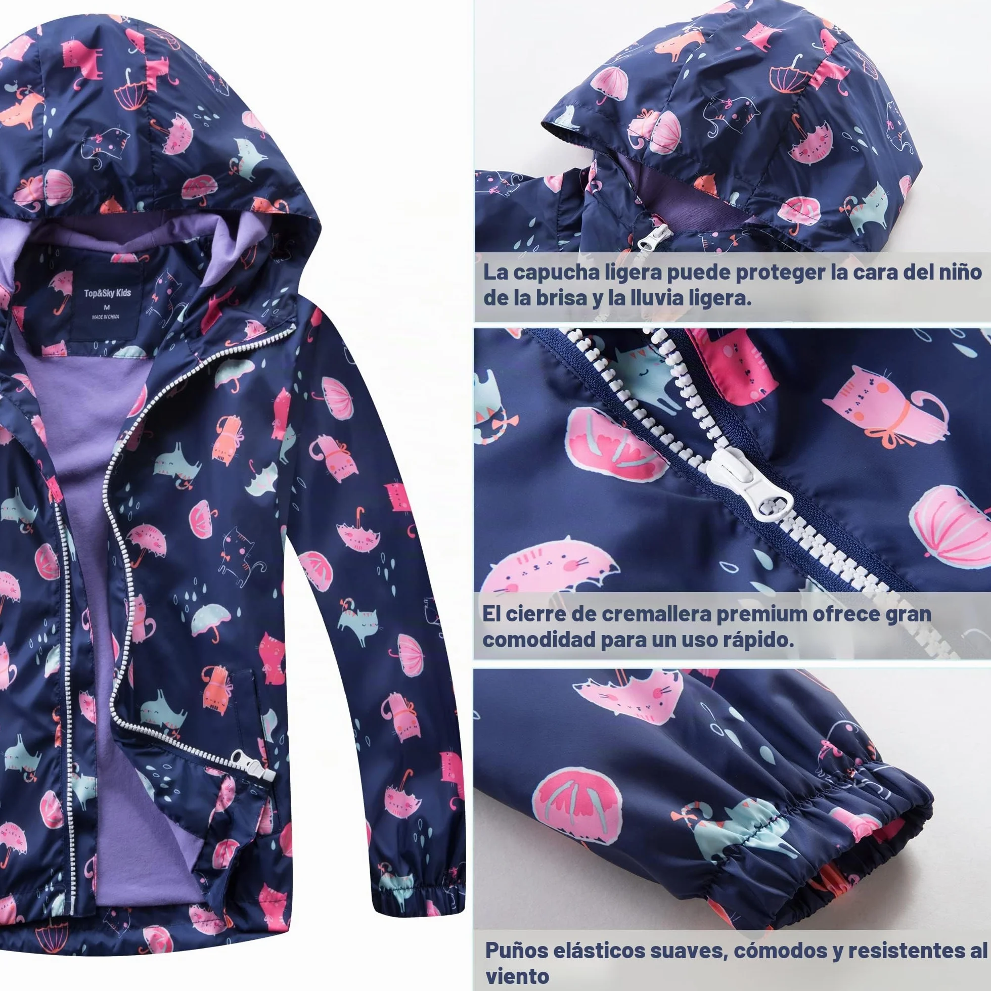 Fewlby Chaqueta Impermeable con Capucha para Niña, Cortavientos con Forro Polar Ligera Abrigo Prueba de Viento Chubasquero Primavera Otoño Abrigos Deportivos 3-12 Años