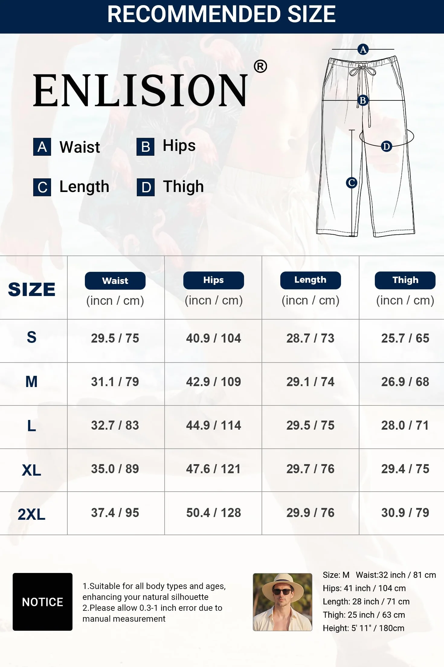 Enlision Pantalones Lino Hombre Verano Cintura Elástica Pantalones de Lino Hombre Casual con Bolsilos Ligeros S-2XL