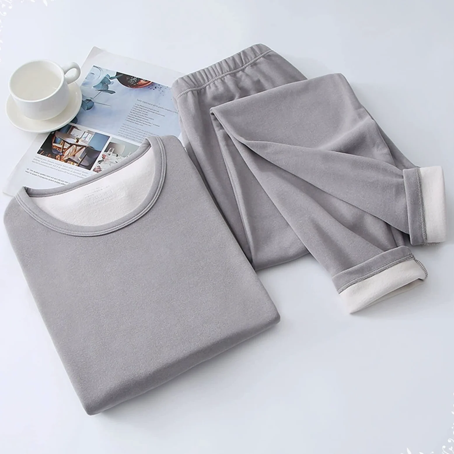 Ropa Interior Térmica Interior para Hombre, Algodón Conjunto Térmico Gris Claro, Cuello Redondo Funcional Camiseta Termica y Pantalon Múltiples Tamaños