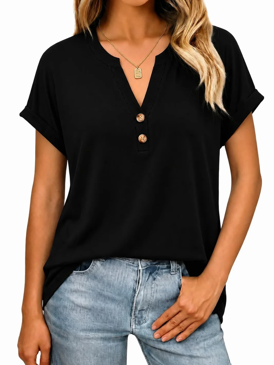 Litherday Camiseta para Mujer de Manga Corta con Escote en V y Detalle de Botones Blusa Casual Camiseta Básica Suelta para el Verano