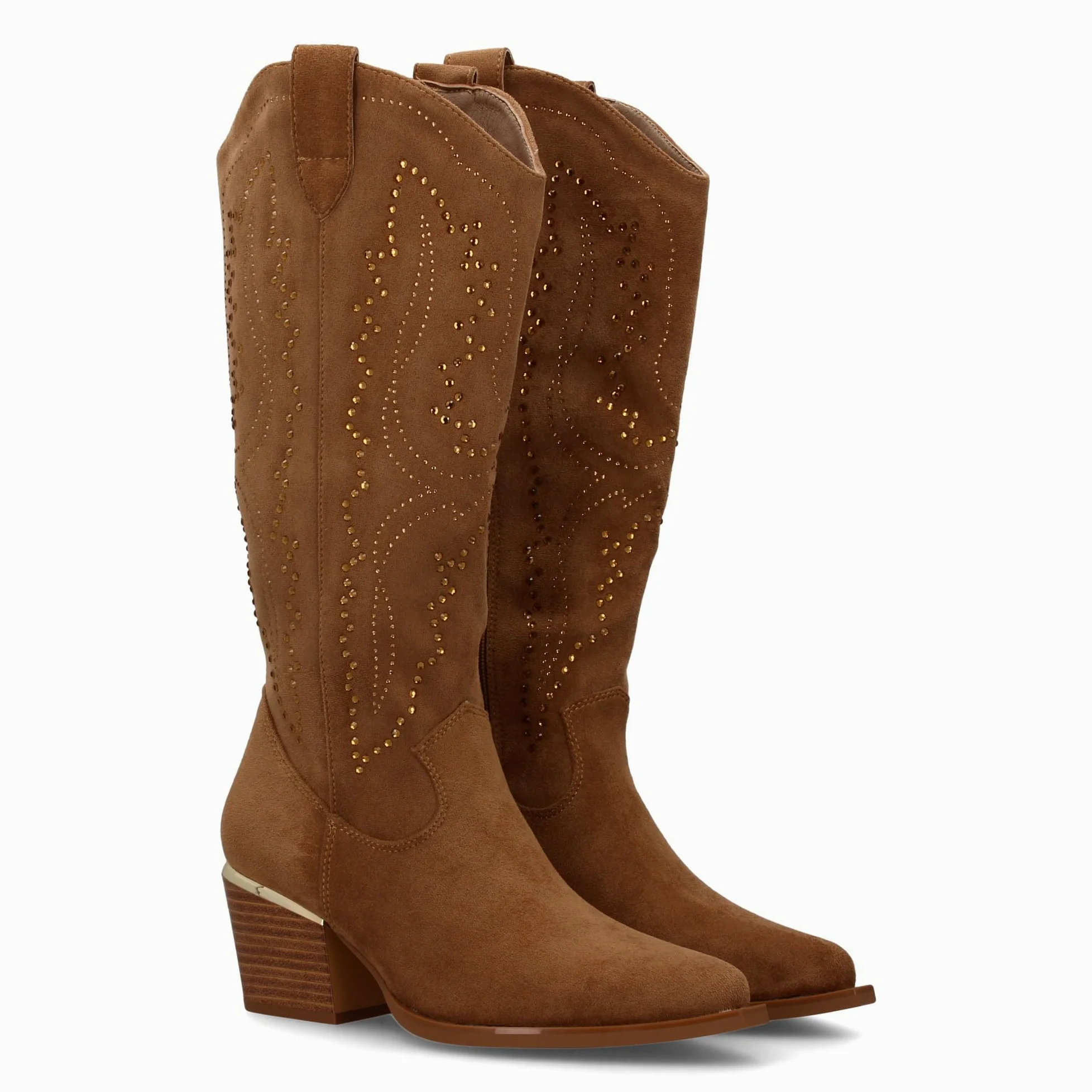 Botas de Mujer con Diseno de Brillantes en la Cana, Tacon Cubano de 6cm. Estilo Cowboy con Cierre de Cremallera.