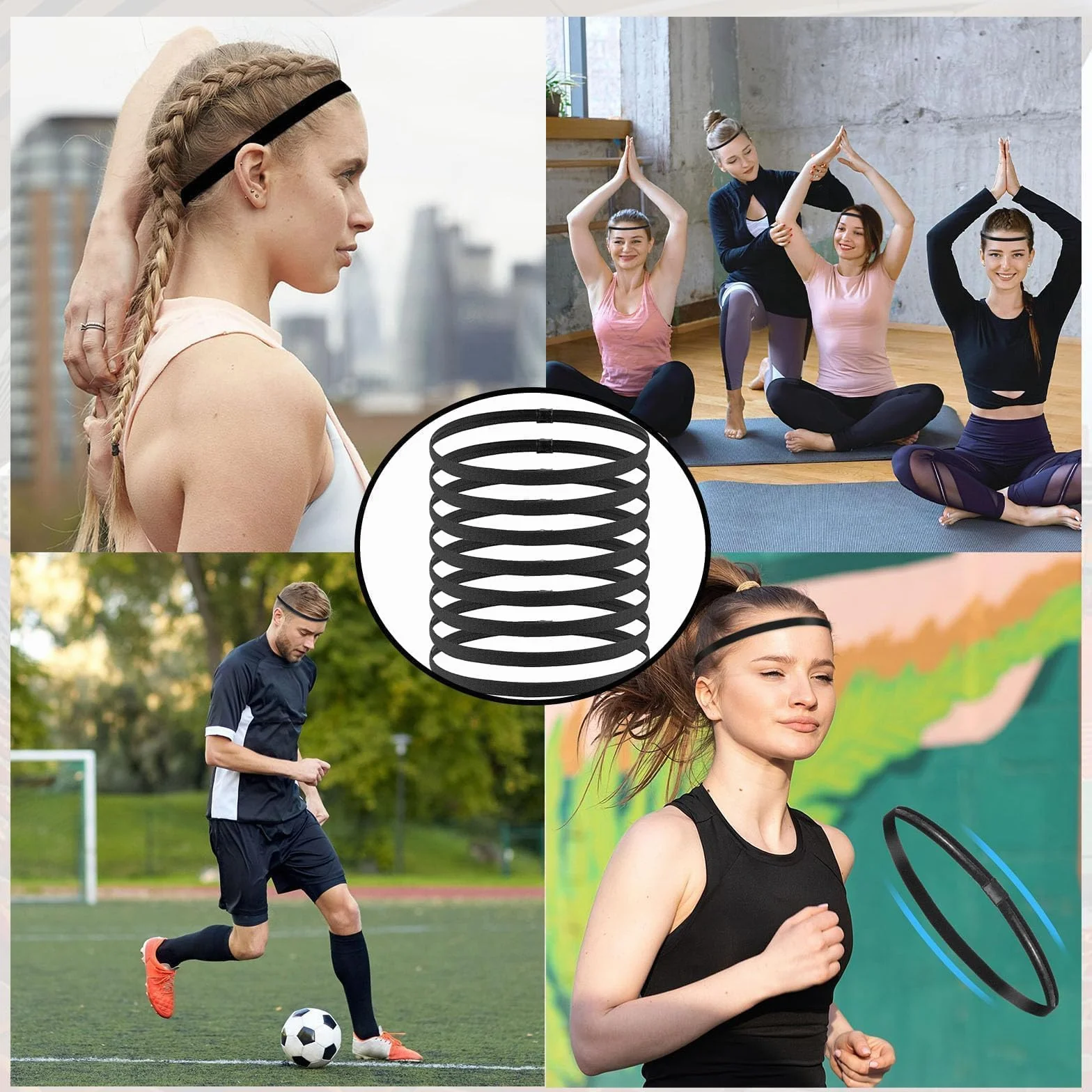 Diadema Deportiva Antideslizante Elástica 9 Piezas, Cinta Pelo para Yoga y Fitness (Negro)