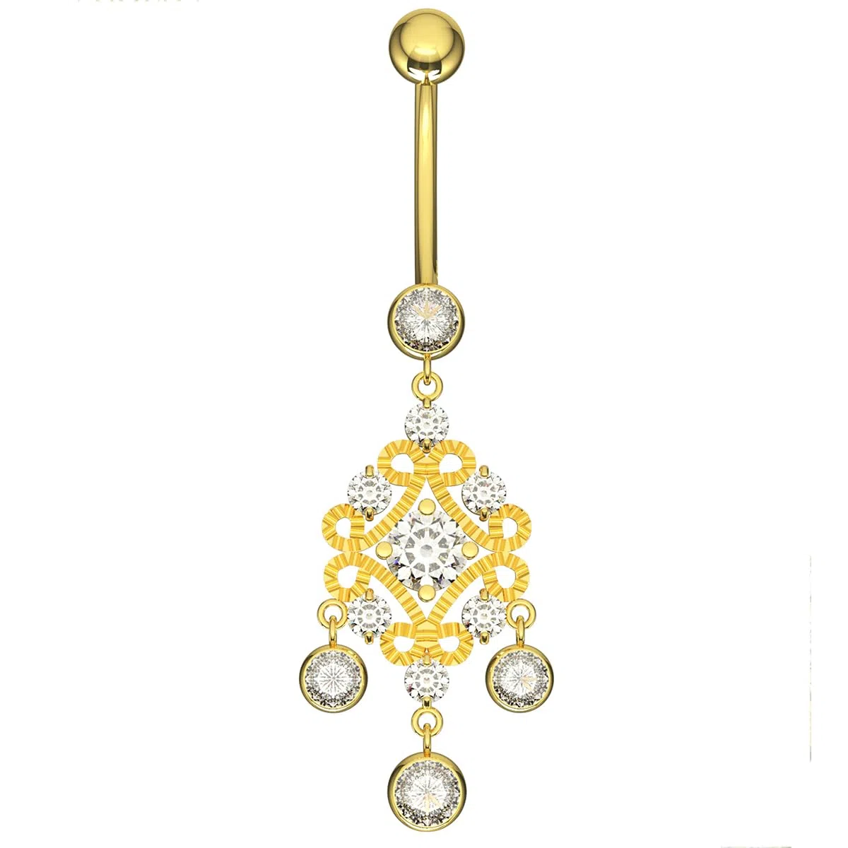 Piercing para el ombligo de oro amarillo macizo de 14 quilates con piedra de circonia cúbica, diseño floral, joyería de ombligo de 14 quilates, calibre 14, 14 Gauge - 12mm Length,