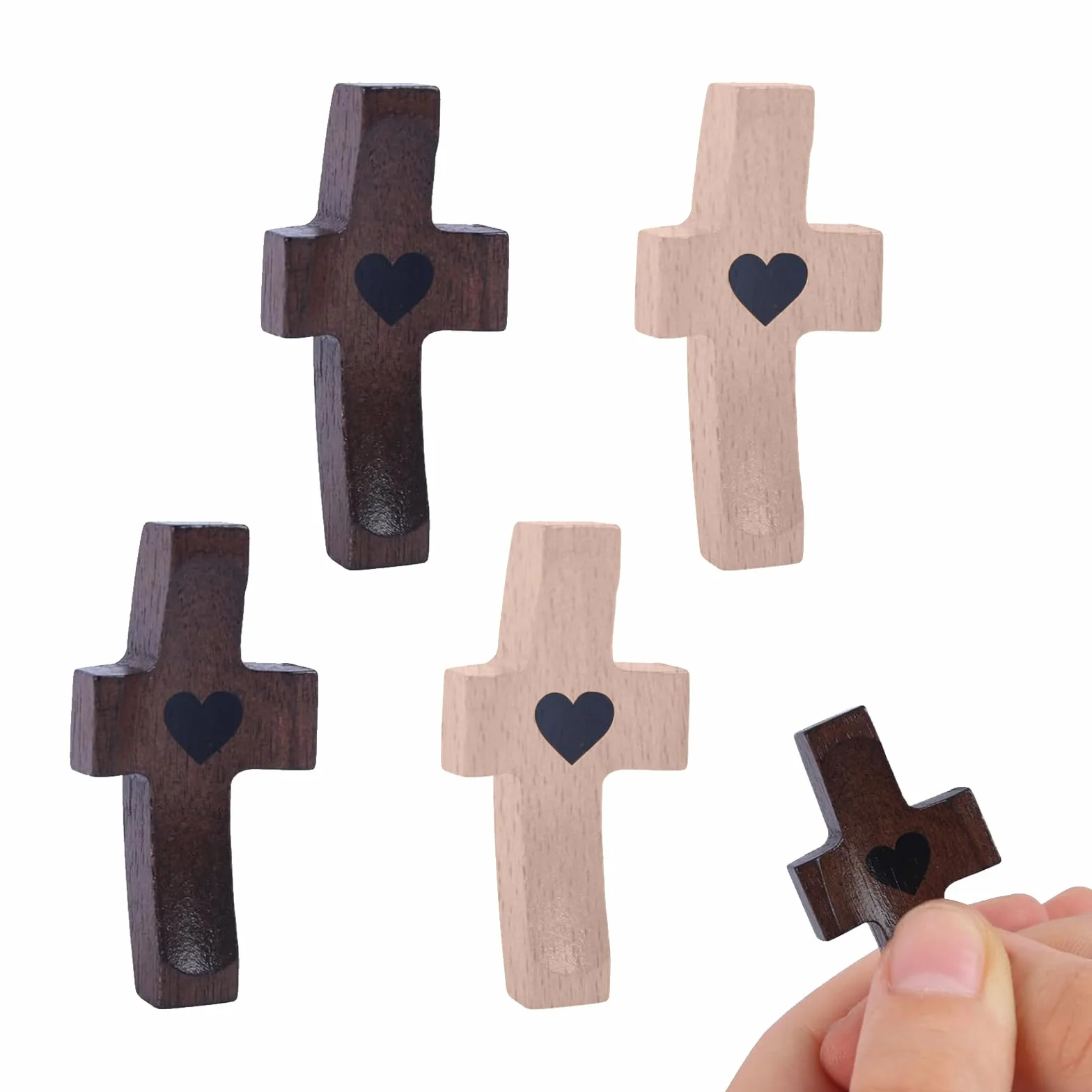 Crucifijo de Nogal 4 Piezas, Colgantes Cruz de Madera Hecha a Mano, Pulgar Sosteniendo para Aliviar el Estrés y Oración