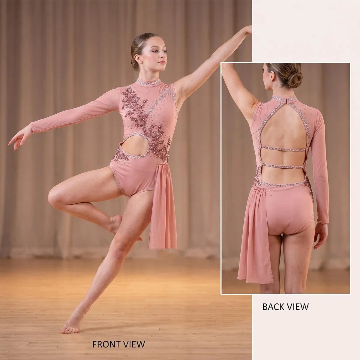 Vestido de danza lírica con pedrería y una manga mujer y adolescente