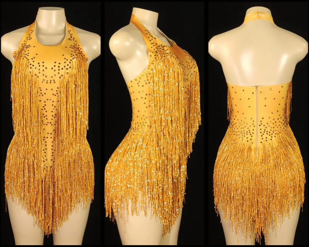 Body sexy con flecos de cristales brillantes y borlas, traje de baile de jazz, ropa de una pieza para escenario
