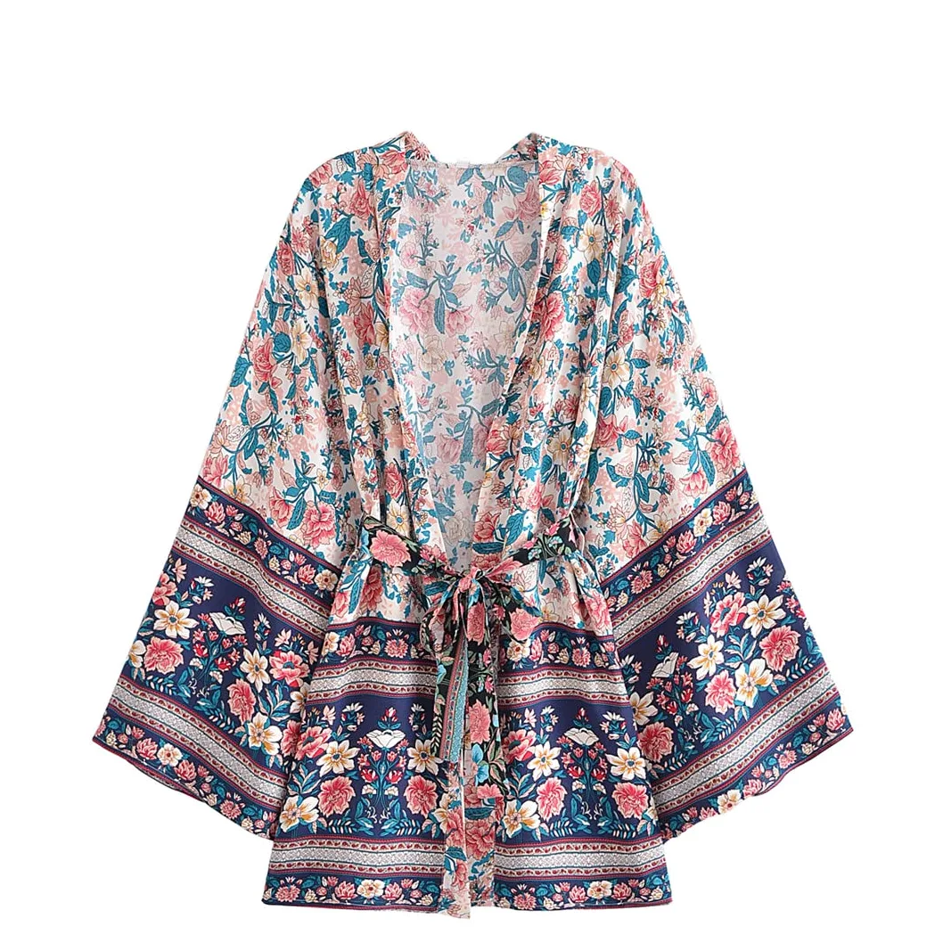 Bata corta con estampado floral vintage para mujer, estilo bohemio, mangas de murciélago, kimono, morado, M