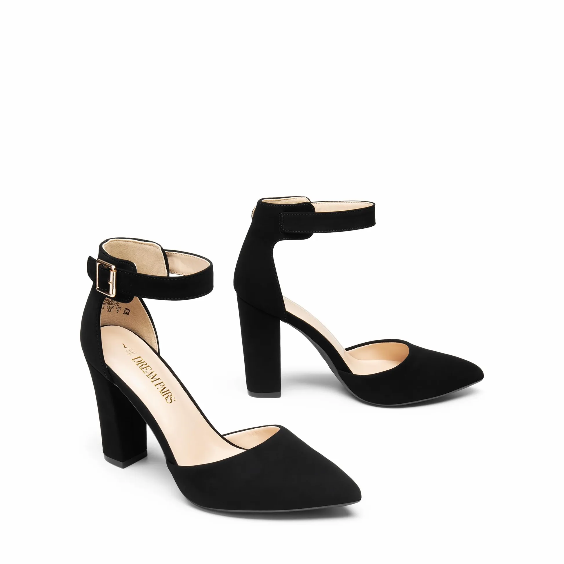 DREAM PAIRS Zapatos de tacón alto grueso para mujer, con puntera cerrada, puntera puntiaguda, correa al tobillo, para bodas y fiestas