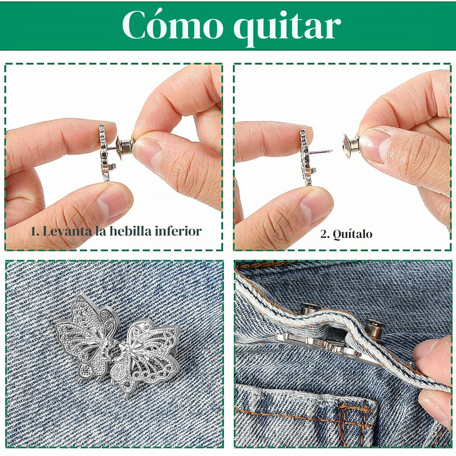 Andibro Juego de 4 tensores de cintura ajustables, hebillas de cintura desmontables, botones de ajuste para pantalones, jeans, faldas, mangas, plateado