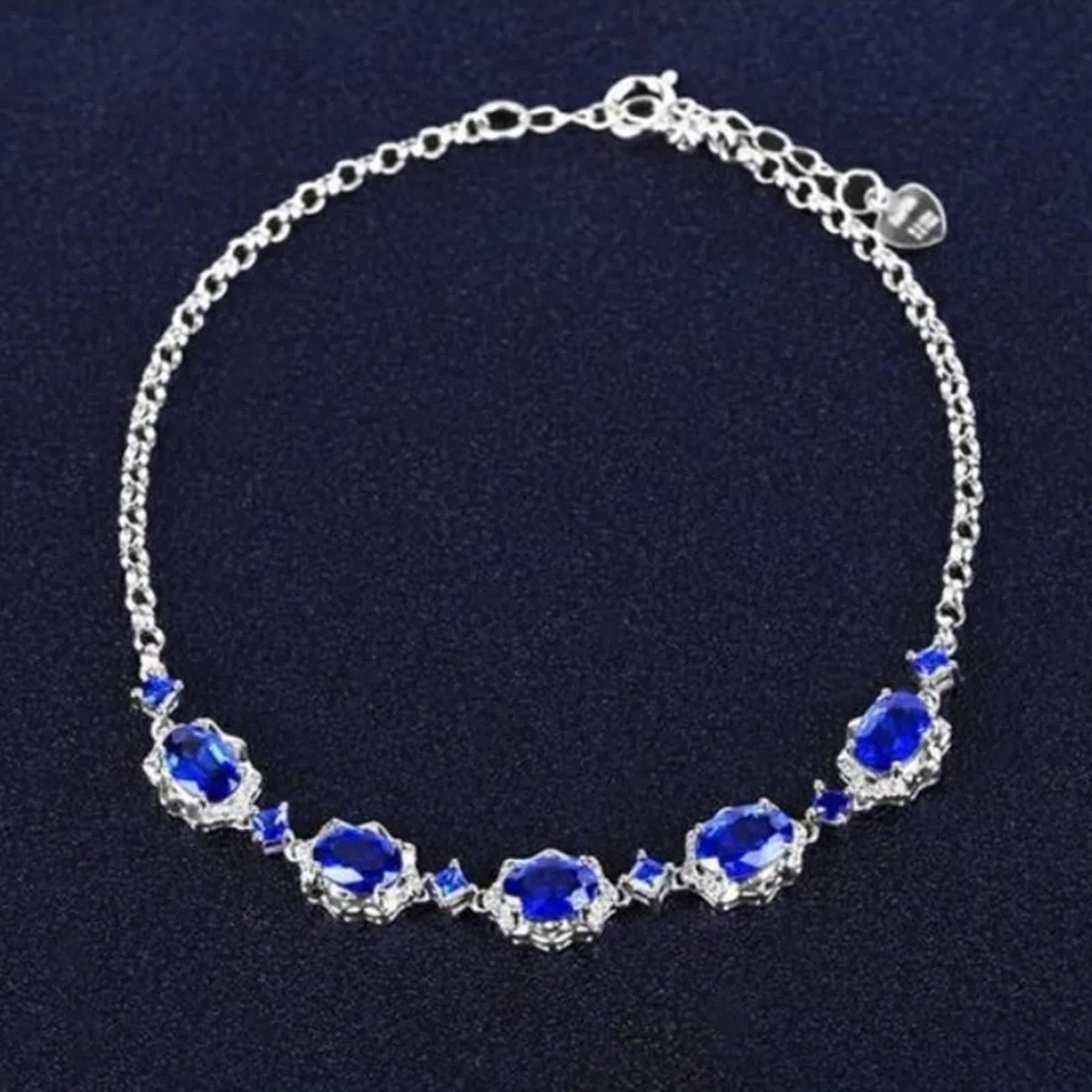 Pulseras Mujer de Oro Blanco 9K / 14K / 18K, Oval con Zafiro Creado de 2,9 ct y Moissanita, Cadena Extensible 16 CM + 5 CM, Pulseras de Plata Azul para Ajustable Mujer