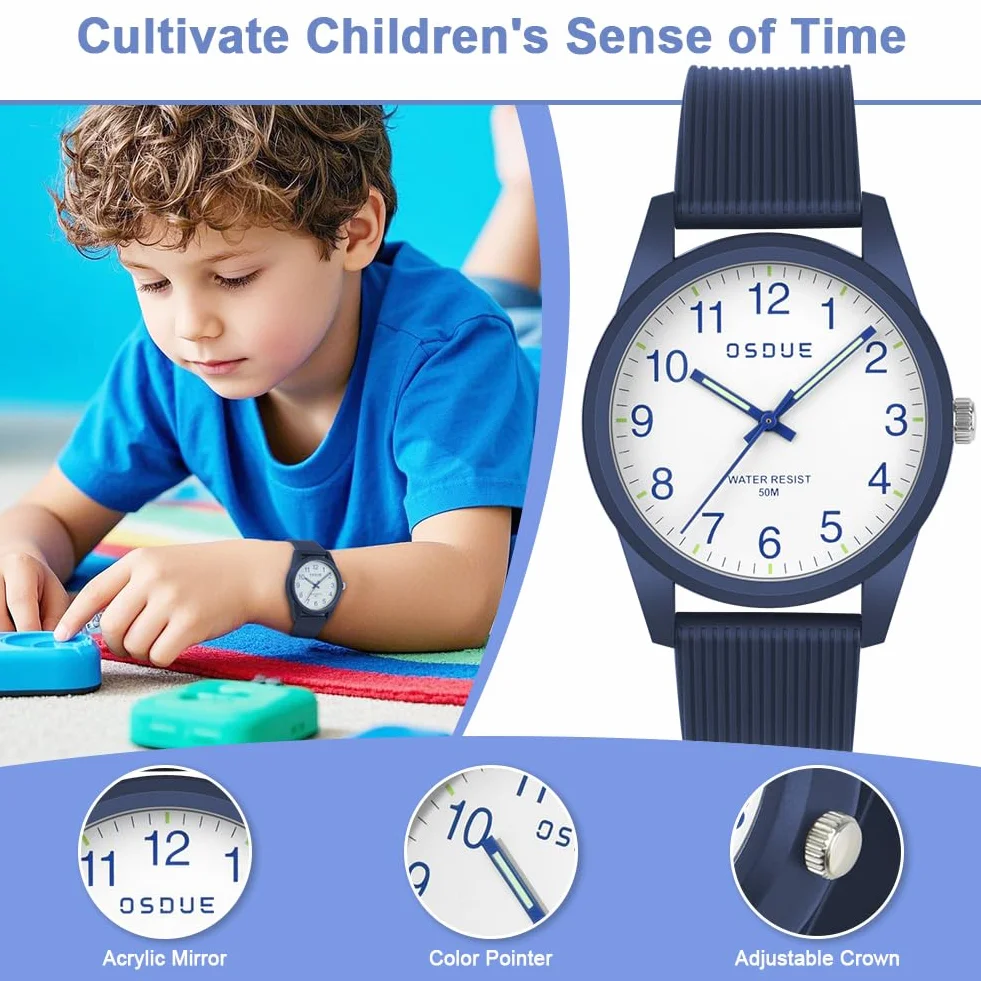 OSDUE Reloj para NiñOs, 5ATM/50M Impermeable Fácil de Leer Relojes de Pulsera con Correa Suave, Reloj de Pulsera Analógico para Niños Niñas Regalo de CumpleañOs para 4-18 Años