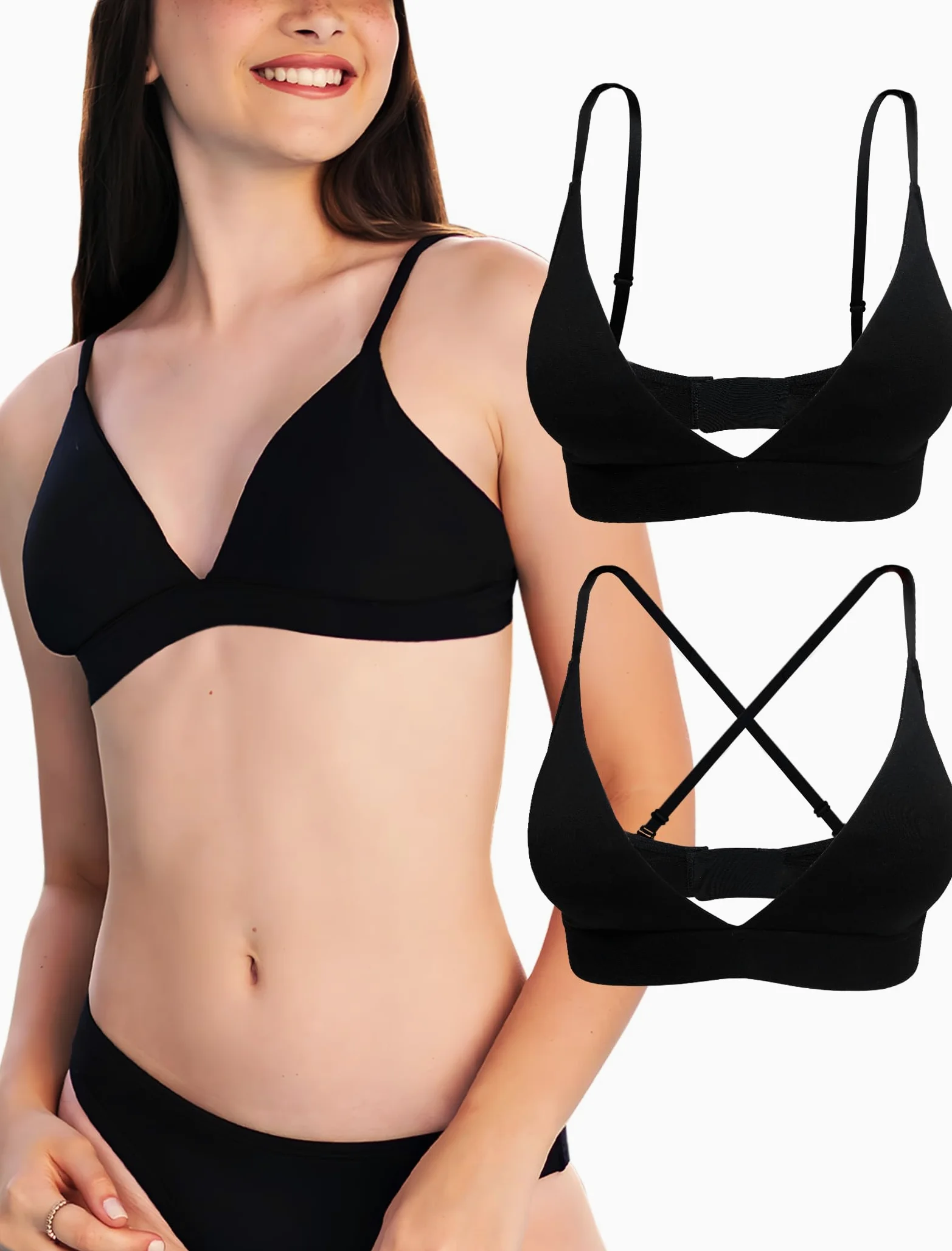KUKU PANDA Pack de 2 Sujetadores Triángulo Mujer - Algodón Orgánico Sin Aros con Relleno Extraíble - Escote en V Moderno
