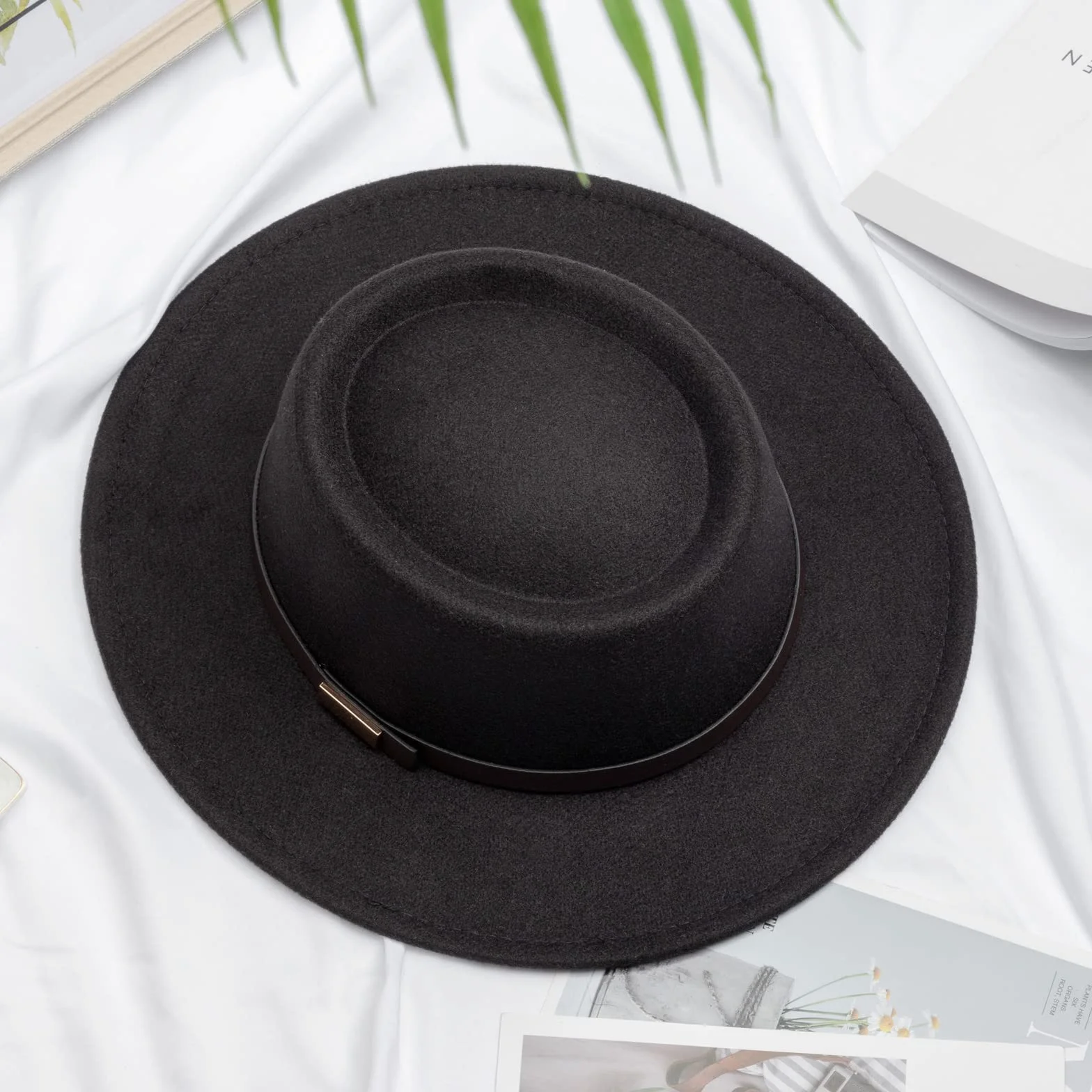 DRESHOW Sombrero de ala ancha Fedora para mujer Hebilla de cinturón Retro Panamá Floppy Hat