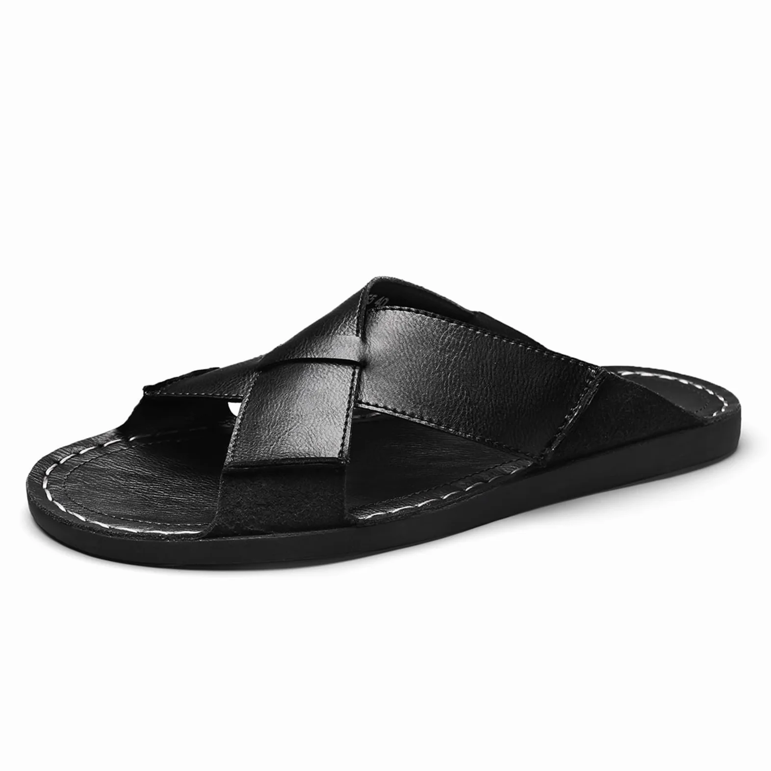 Sandalias de piel auténtica para hombre, cómodas, ligeras, abiertas, redondas, sin cordones, para exteriores, caminar, sandalias casuales de playa, Negro, 46 EU