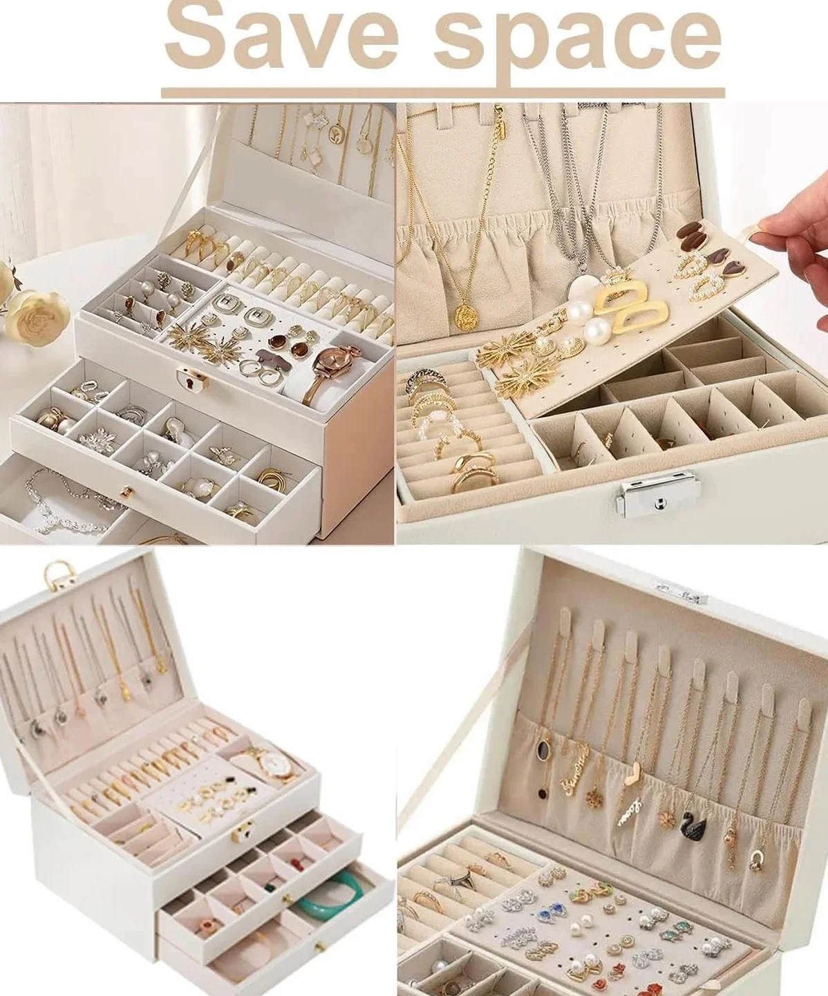 Joyero de 3 niveles, apilable, 2 cajones, caja de almacenamiento con compartimentos, con cerradura y llave, para pendientes, anillos, pulseras, collares (rosa)
