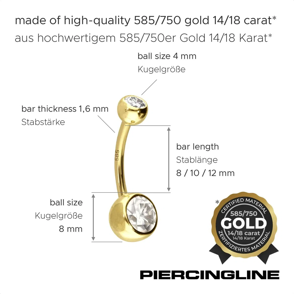 PIERCINGLINE Piercing para el ombligo de oro de 14/18 quilates, bananabell 2, oro blanco 750, longitud de la barra: 8 mm
