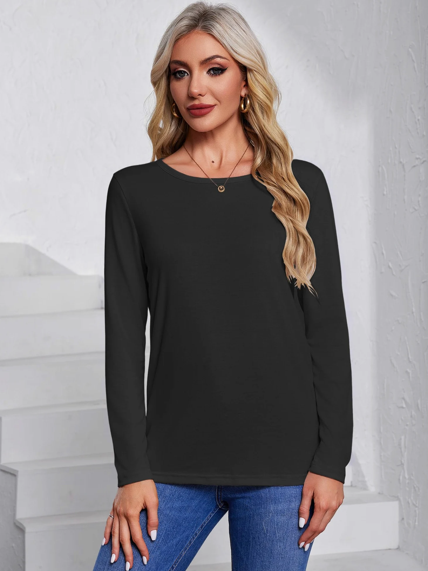 Camisetas de manga larga para mujer, con cuello redondo, básicas, camisetas casuales de primavera