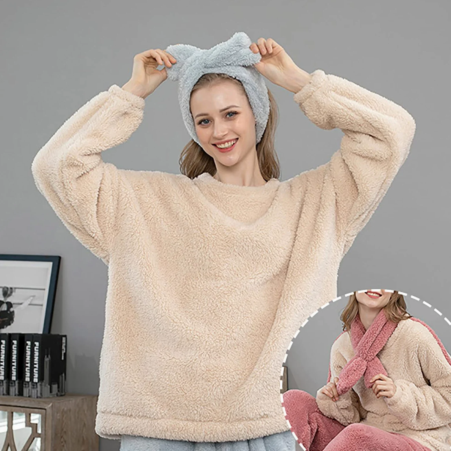 CMBSSTFC Pijamas de invierno para mujer, de forro polar, cálido y acogedor, pijamas térmicos de dos piezas, pantalones largos y camisetas de pijama, traje de jogging, conjunto de pijama de gran tamaño