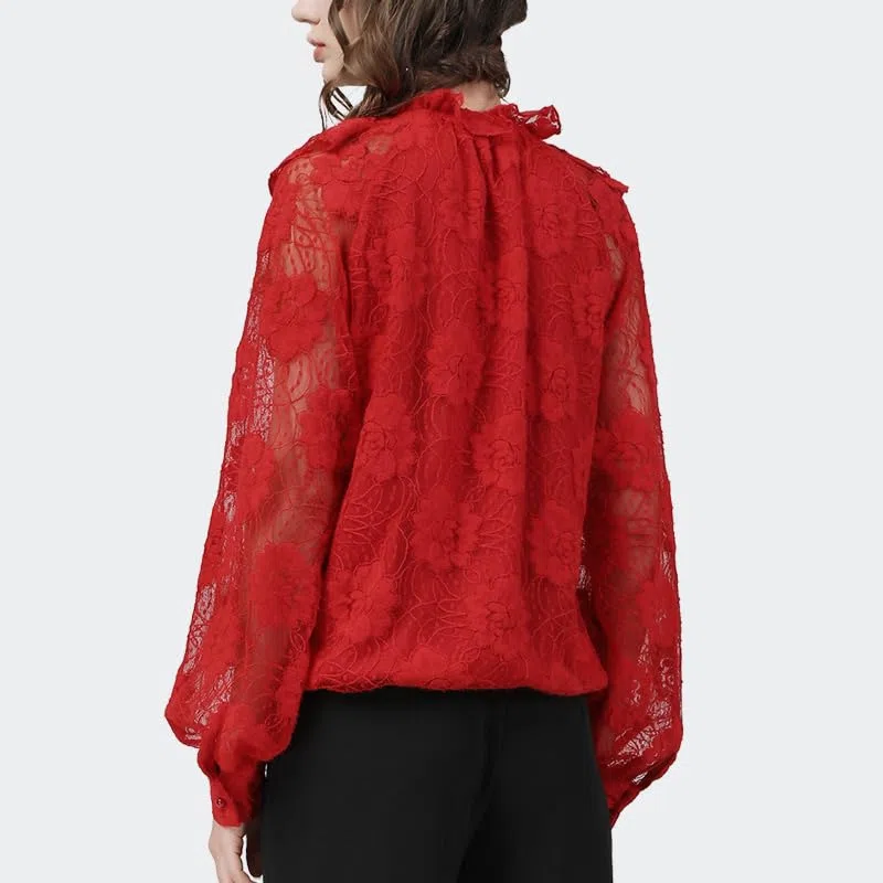 Tops de Encaje Floral Rojo para Mujer, Blusas holgadas de Talla Grande para Primavera, Manga Larga con Cuello en V, Blusas con Volantes, Ropa Informal para Todo Partido (Rojo XL)
