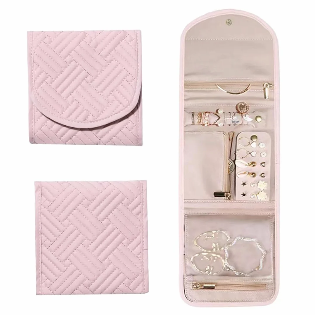 Bolsa Almacenamiento de Joyas, Organizador Plegable y de Viaje, Rollo Portátil, Compacta y Ligera, con Múltiples Compartimentos para Collares, Pendientes, Anillos, Pulsera, Relojes
