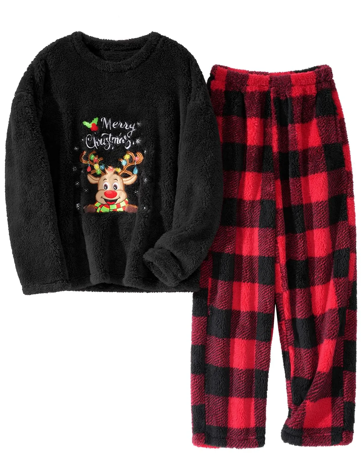 UMIPUBO Pijama Mujer Invierno Navidad Polar Manga Larga y Pantalón Largo con Bolsillo Franela 2 Piezas Conjunto de Pijama Navideños Calentito Cuadros Ropa de Dormir Suave Plaid Pijamas