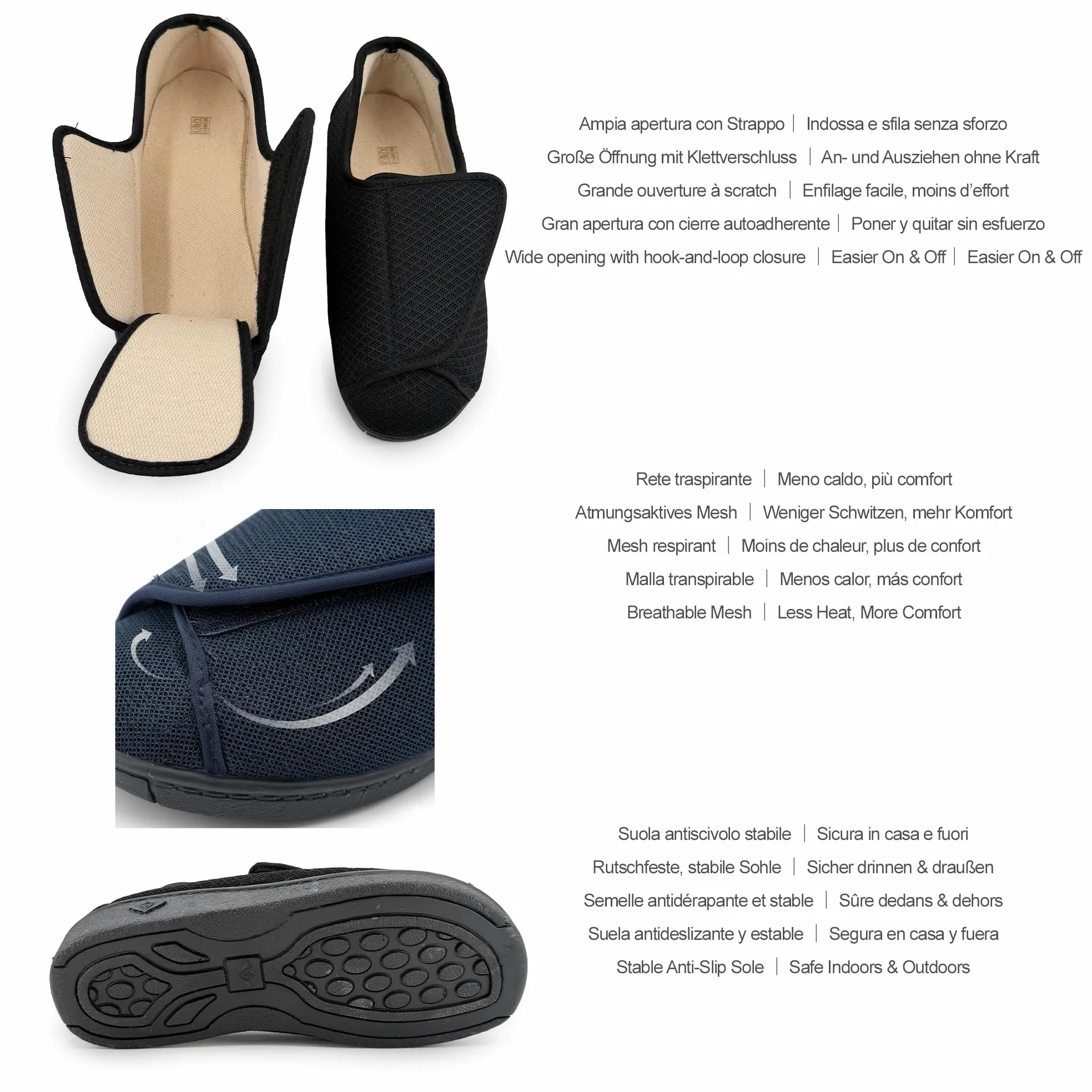 Zapatillas Casa Mujer Pantuflas Antideslizantes Cierre Autoadherente Ajustable Pies Hinchados Ancho
