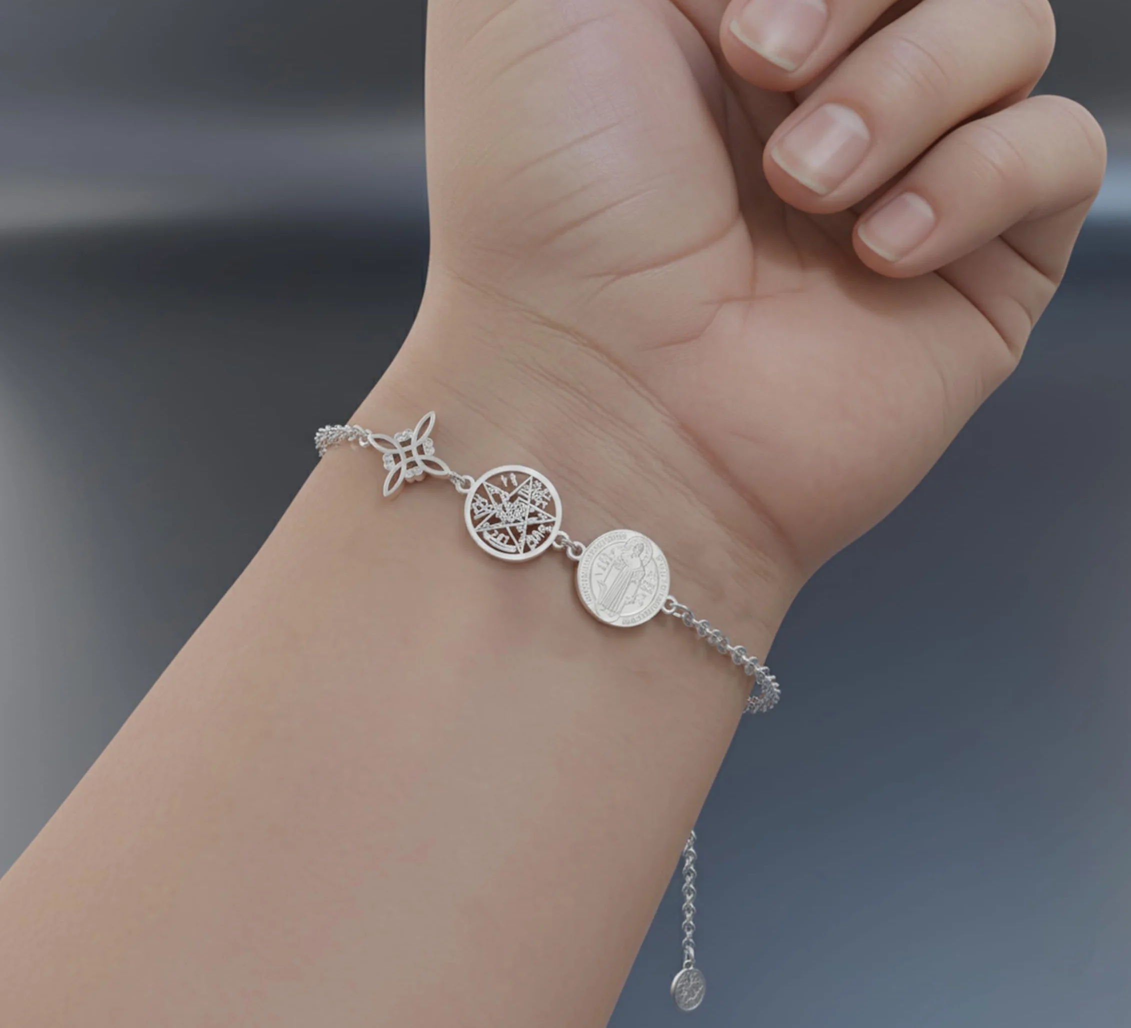 Pulsera Triple Protección Acero Inoxidable 316L 17cm Ajustable Amuleto Esotérico Dorado y Plateado