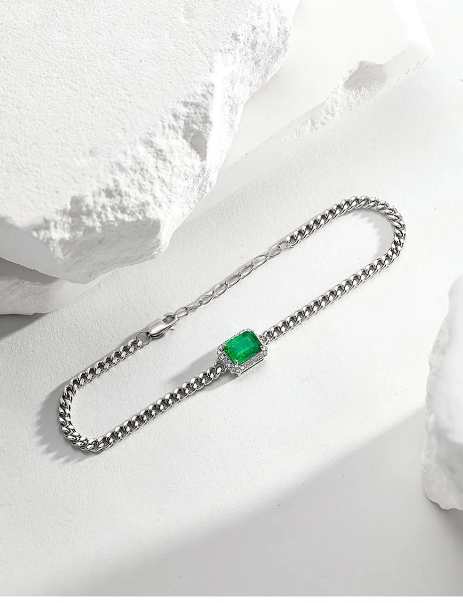 Pulseras para mujer de oro blanco de 9 quilates con esmeralda de 1,4 quilates y diamante, pulseras de joyería para novia de 20 + 3 cm