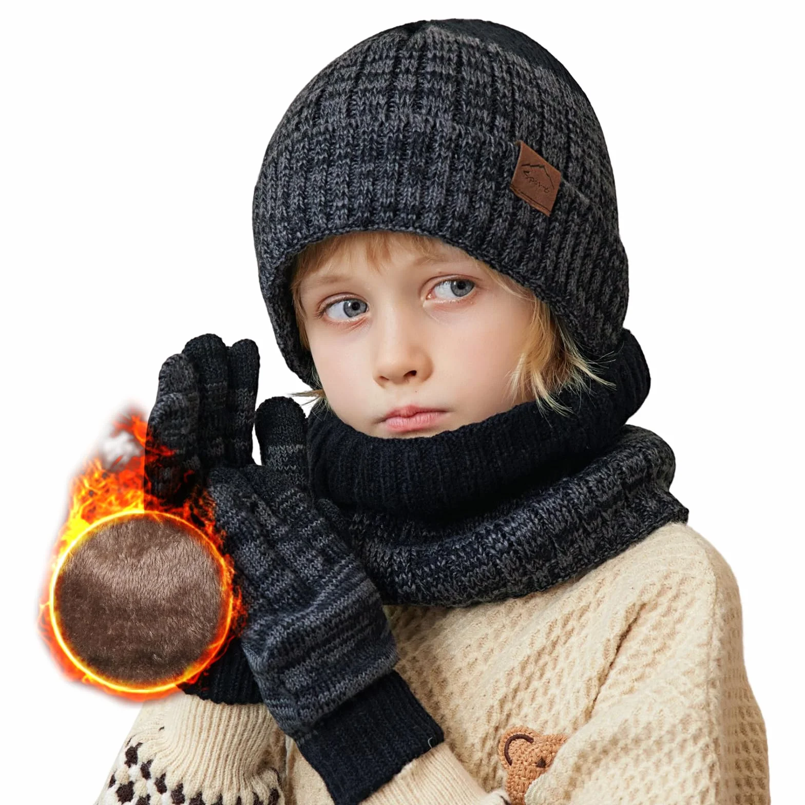 Gorro Invierno Niño Niña Braga Cuello Guantes Térmico Gorro de Punto Braga Cuello Polar Guantes de Pantalla Táctil para Niños Niñas 4 a 10 Años