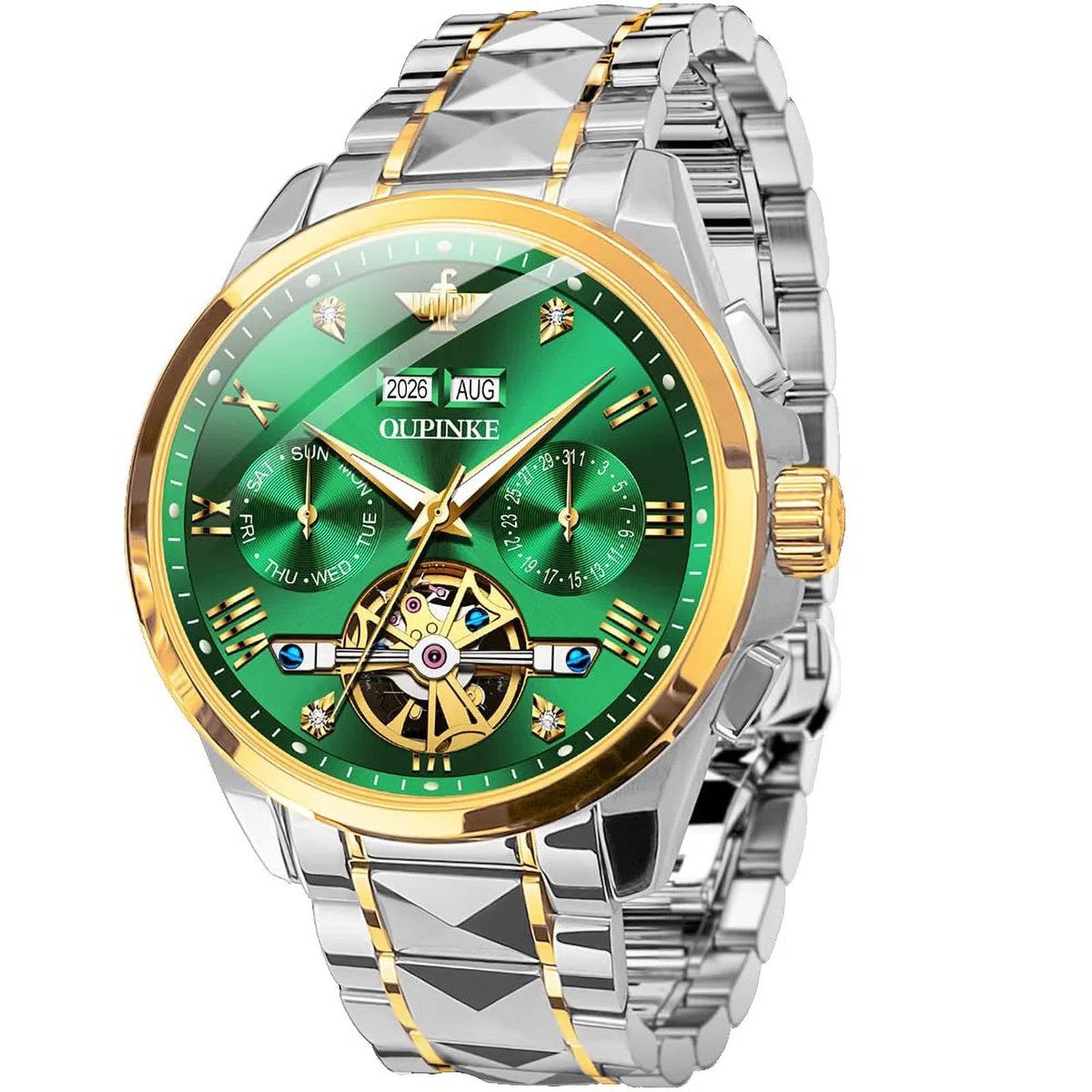 OUPINKE - Relojes para hombre, diseño de esqueleto, automático, mecánico, premium, con calendario, cristal de zafiro, acero de tungsteno, resistente al agua, reloj de pulsera, Verde