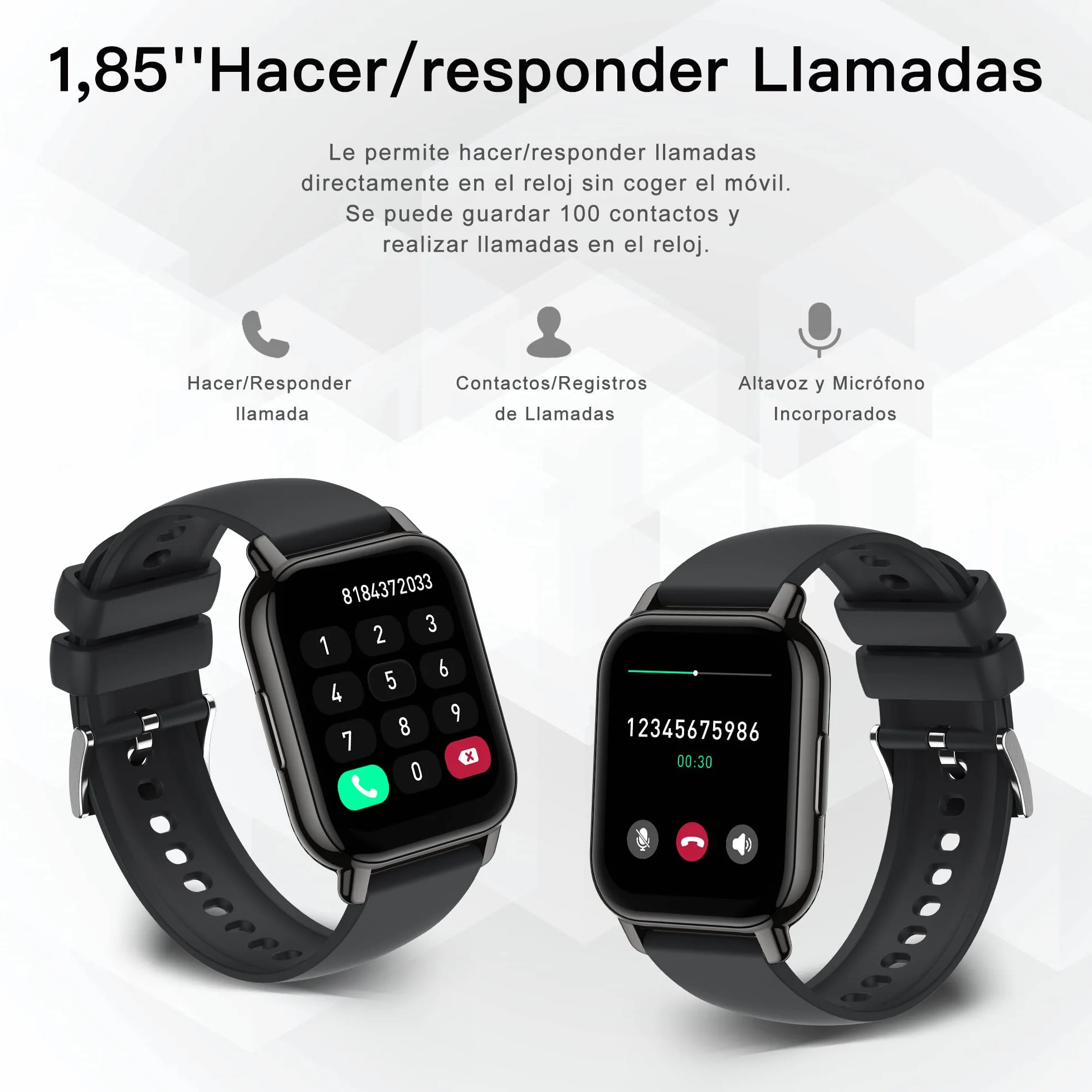 Popglory Reloj Inteligente Hombre con Llamadas y Asistente Voz, 1,85'' Smartwatch 2 Correas, Pulsera Actividad Presión Arterial Ritmo Cardíaco Oxígeno Sanguíneo, para Mujer Hombre Android iOS