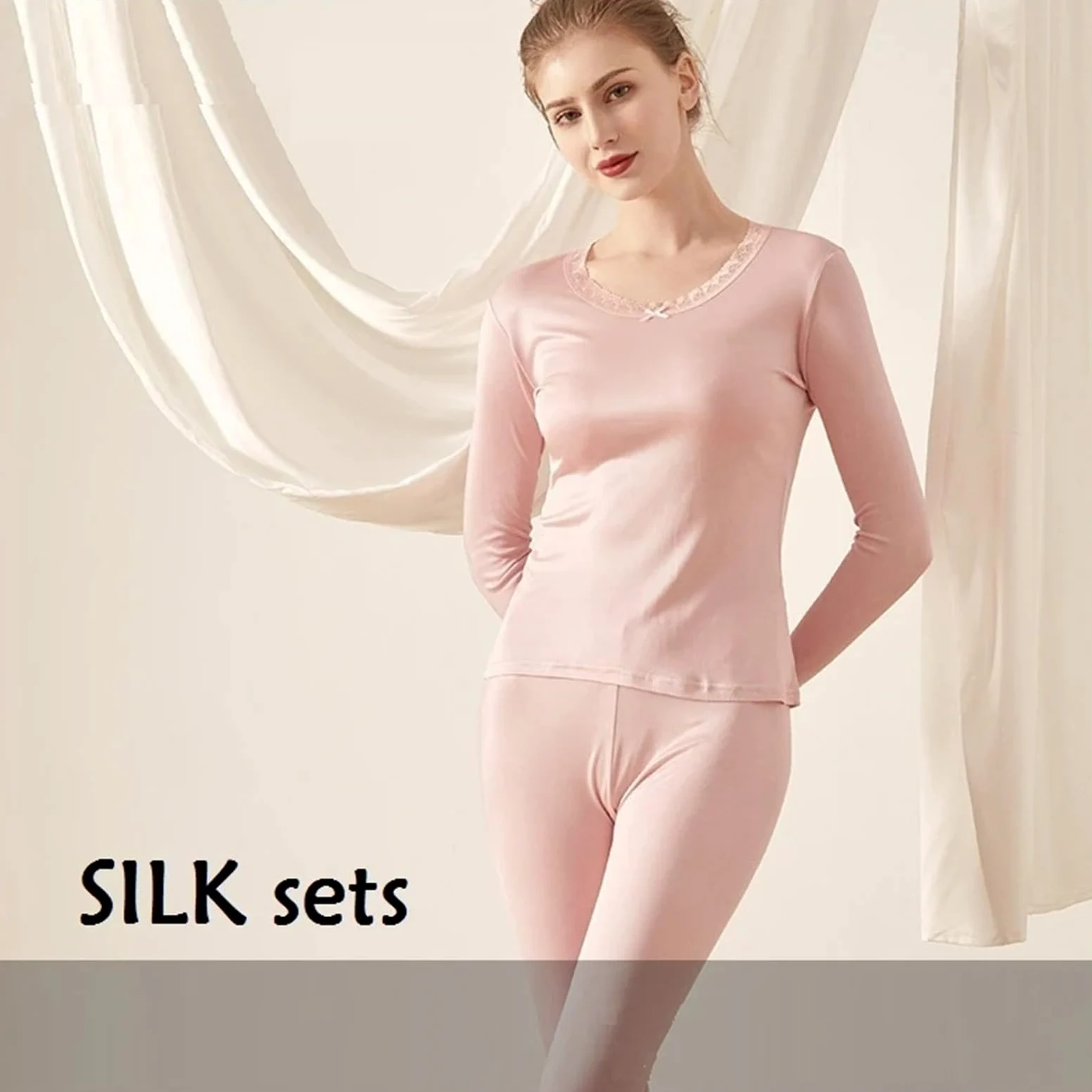 Conjuntos de Ropa Interior térmica Seda con Cordones for Mujer, Conjunto lencería, Invierno for, Traje Largo Johns para Esquí,Moto