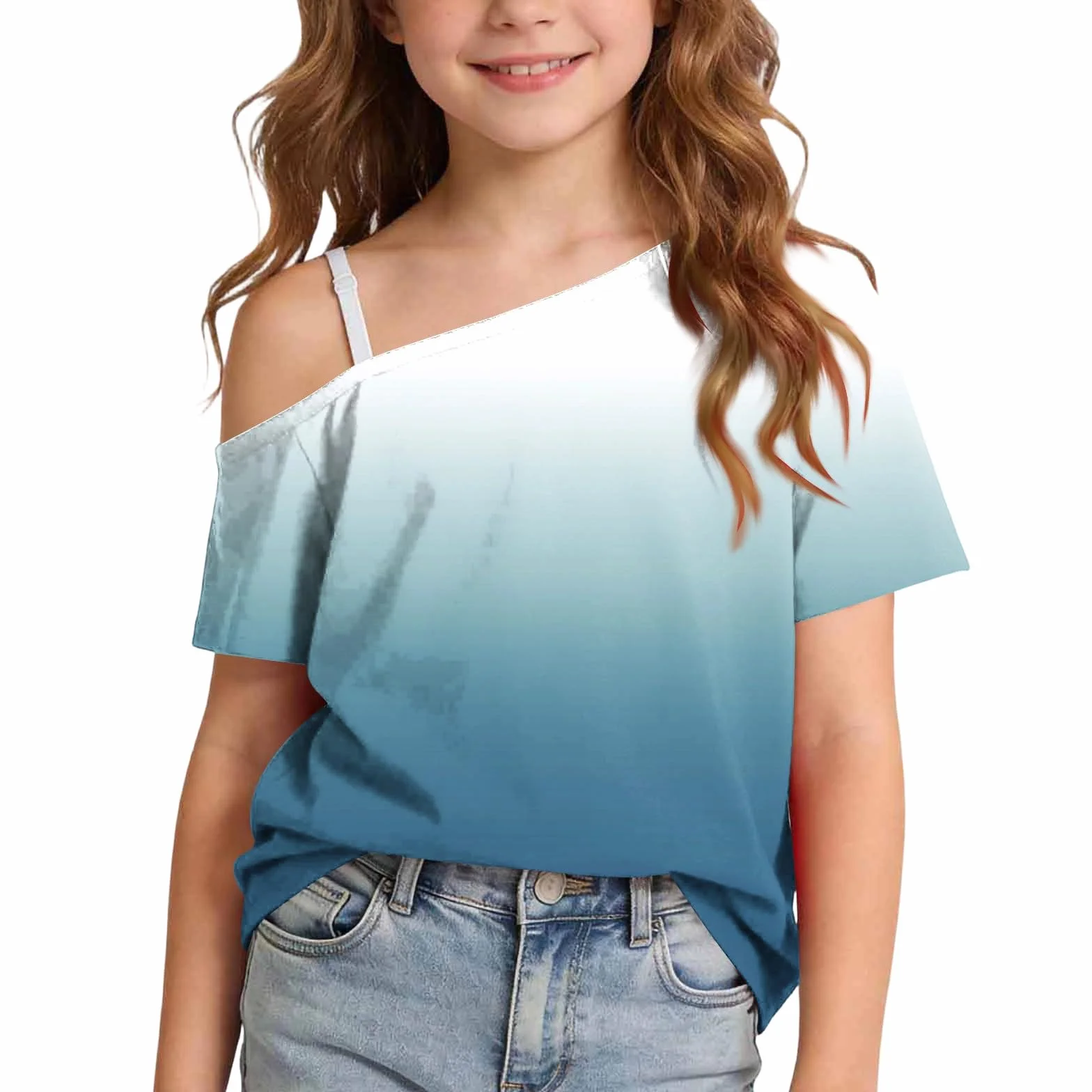 Camisetas de manga corta con hombros descubiertos para niñas, adolescentes, elegantes, transpirables, para la escuela, básicas, de un hombro, holgadas, informales, invitadas de boda, 5-14 años, Reino