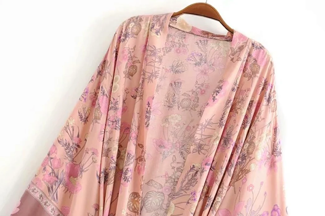Disimlarl Kimono con estampado floral para mujer, vestido bohemio para playa, cuello en V, bandas, bata de bikini