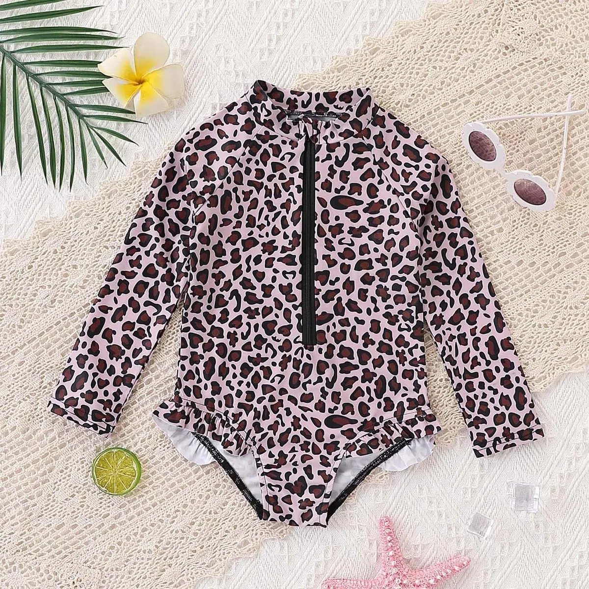 Generisch Bañador para niña con estampado de leopardo, dobladillo con volantes y cremallera lateral para playa y piscina