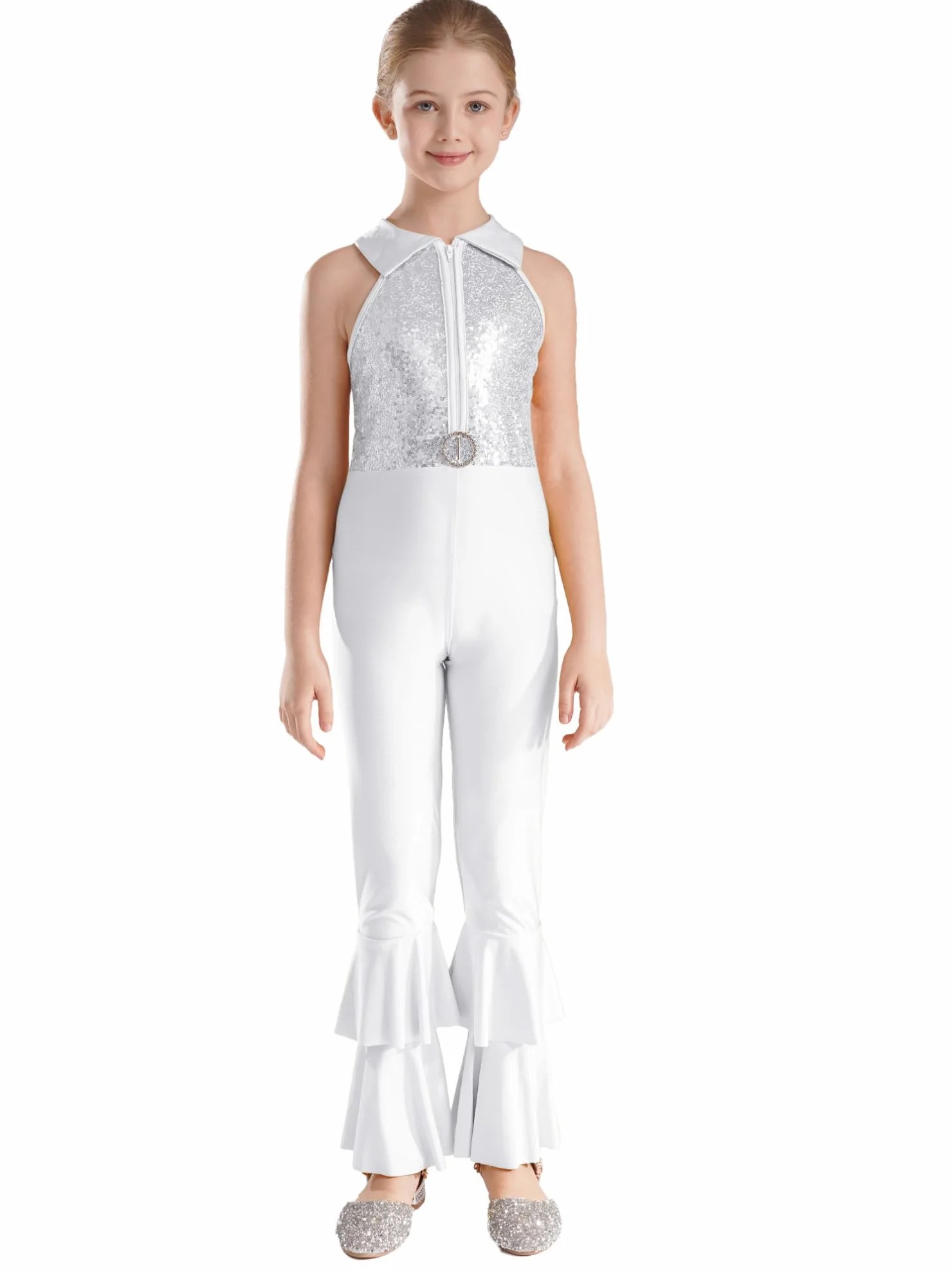TiaoBug Mono Largo Con Lentejuelas Brillantes Para Niña Maillot De Gimnasia Deportiva Sin Manga Disfraz De Discoteca Hippie De Los Años 70 Y 80 Ropa De Baile