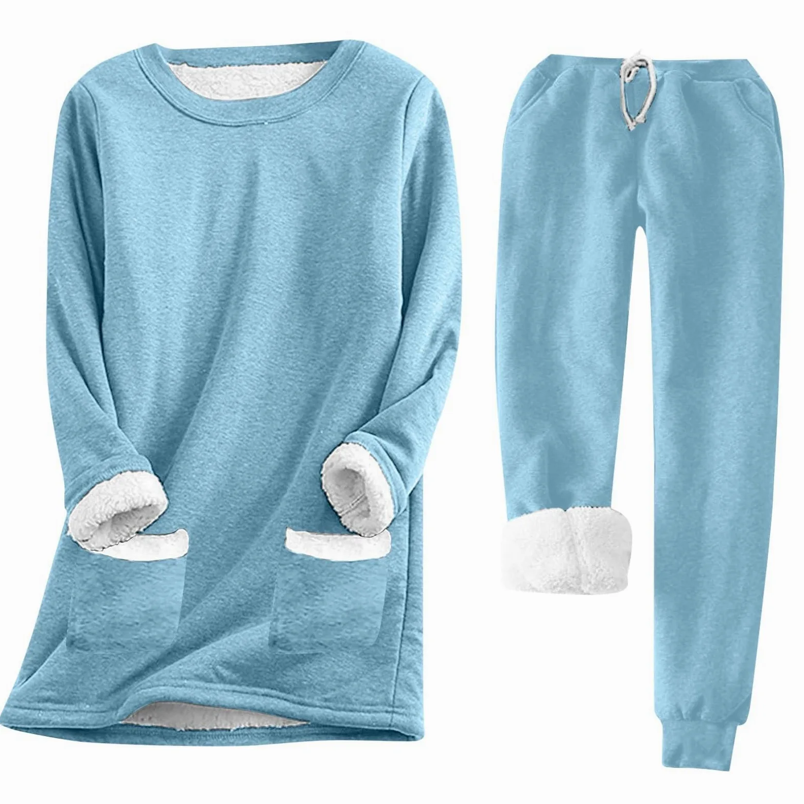 Pijama para mujer, de forro polar, de manga larga, térmico, mullido, cálido, para correr, 2 piezas, juego de dos piezas