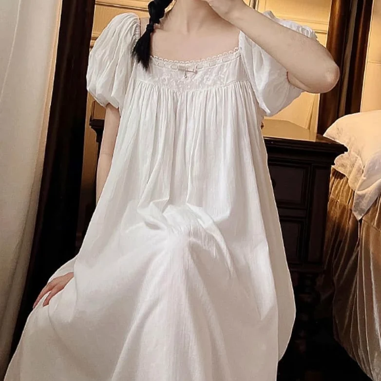 OFFSUM Camisón De Pijama De Mujer - Ropa De Dormir De Algodón Bordado A La Moda Albornoz De Princesa Informal De Talla Grande con Cuello Cuadrado Y Temperamento De Verano