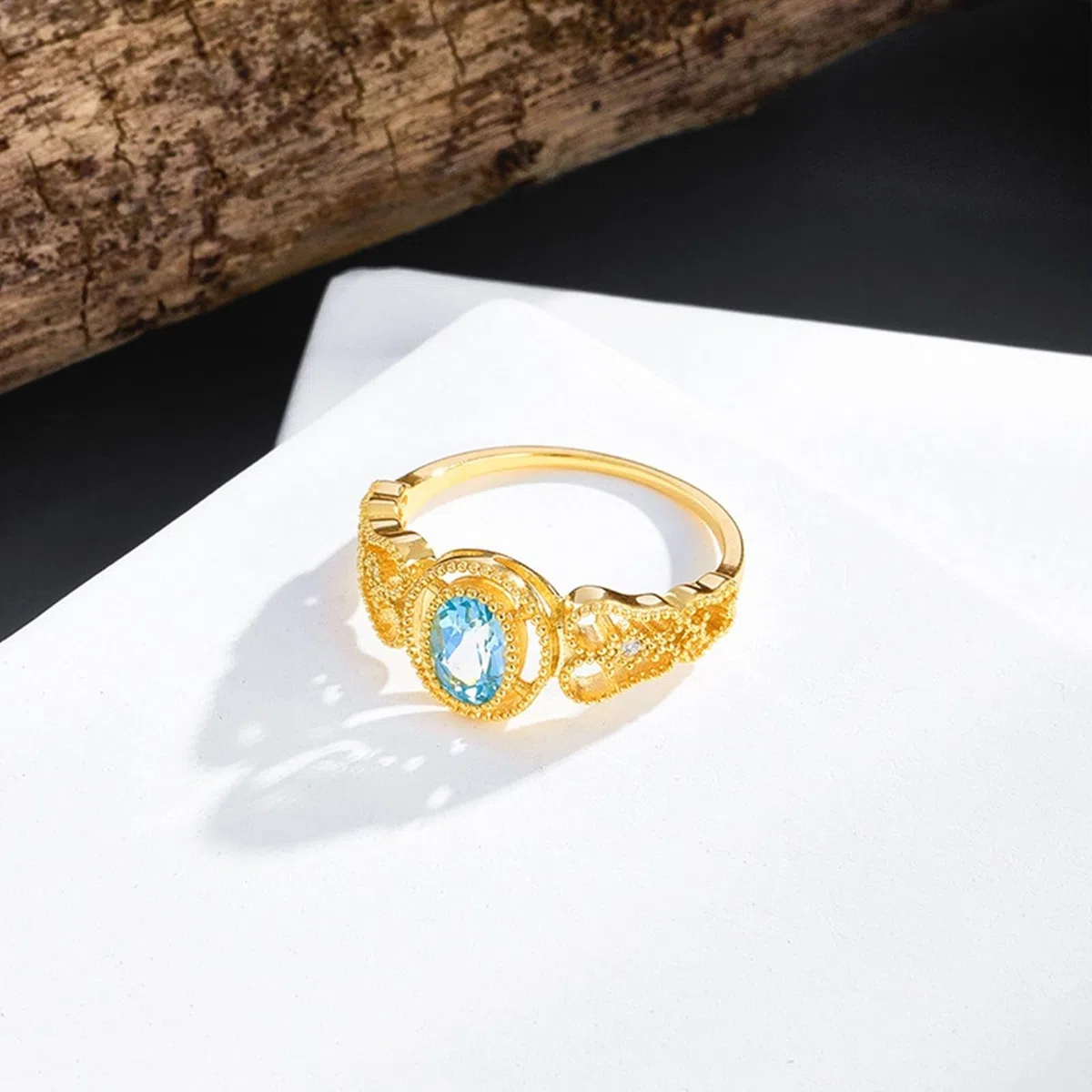Alianzas Oro Au 375/585/750 Genuino con Topacio Azul Oval Vintage Hueco