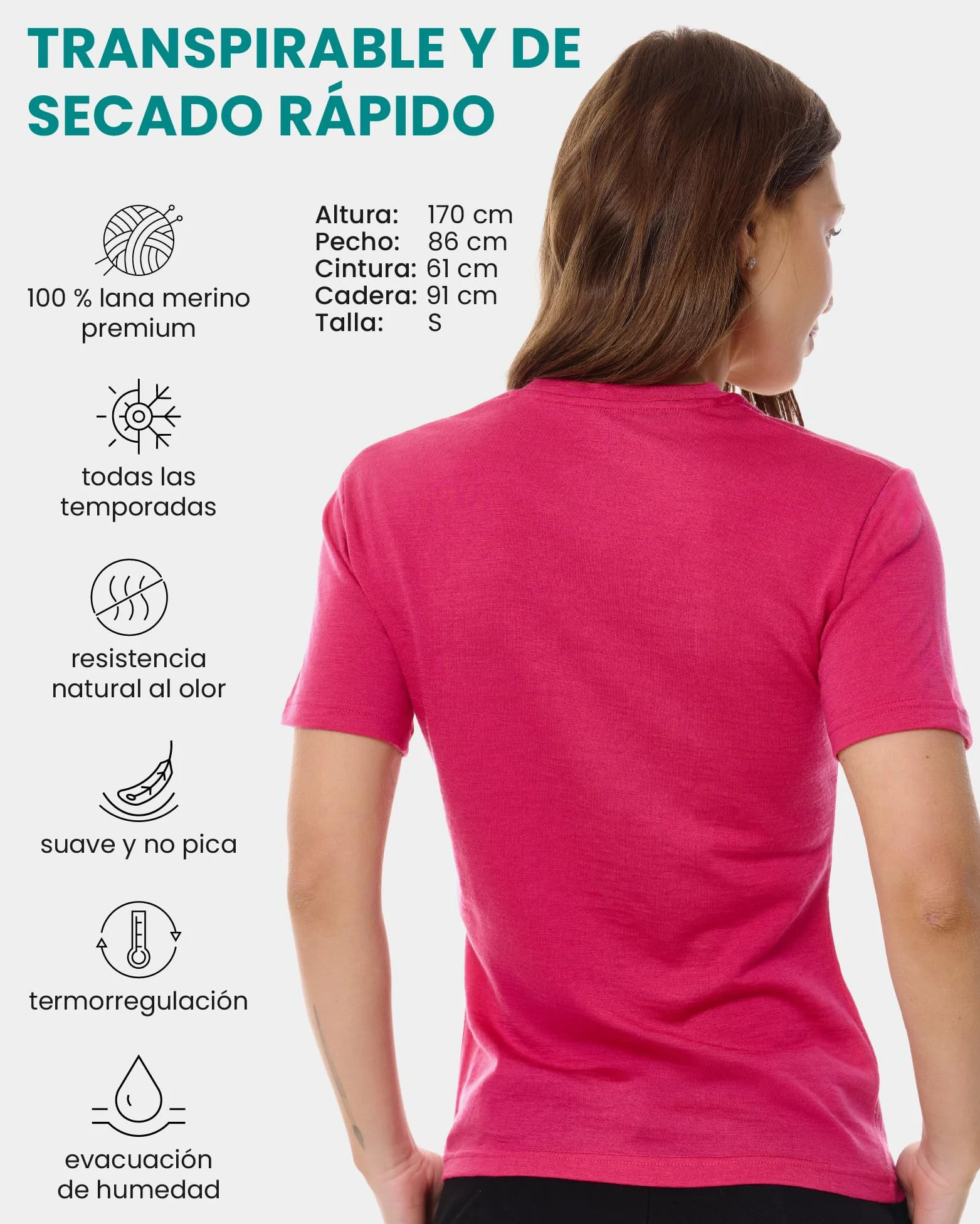 Merino.tech Camiseta Lana Merino Mujer — 100% Merino Lana Camiseta Interior Mujer con Calcetines (Small, Magenta Crewneck)