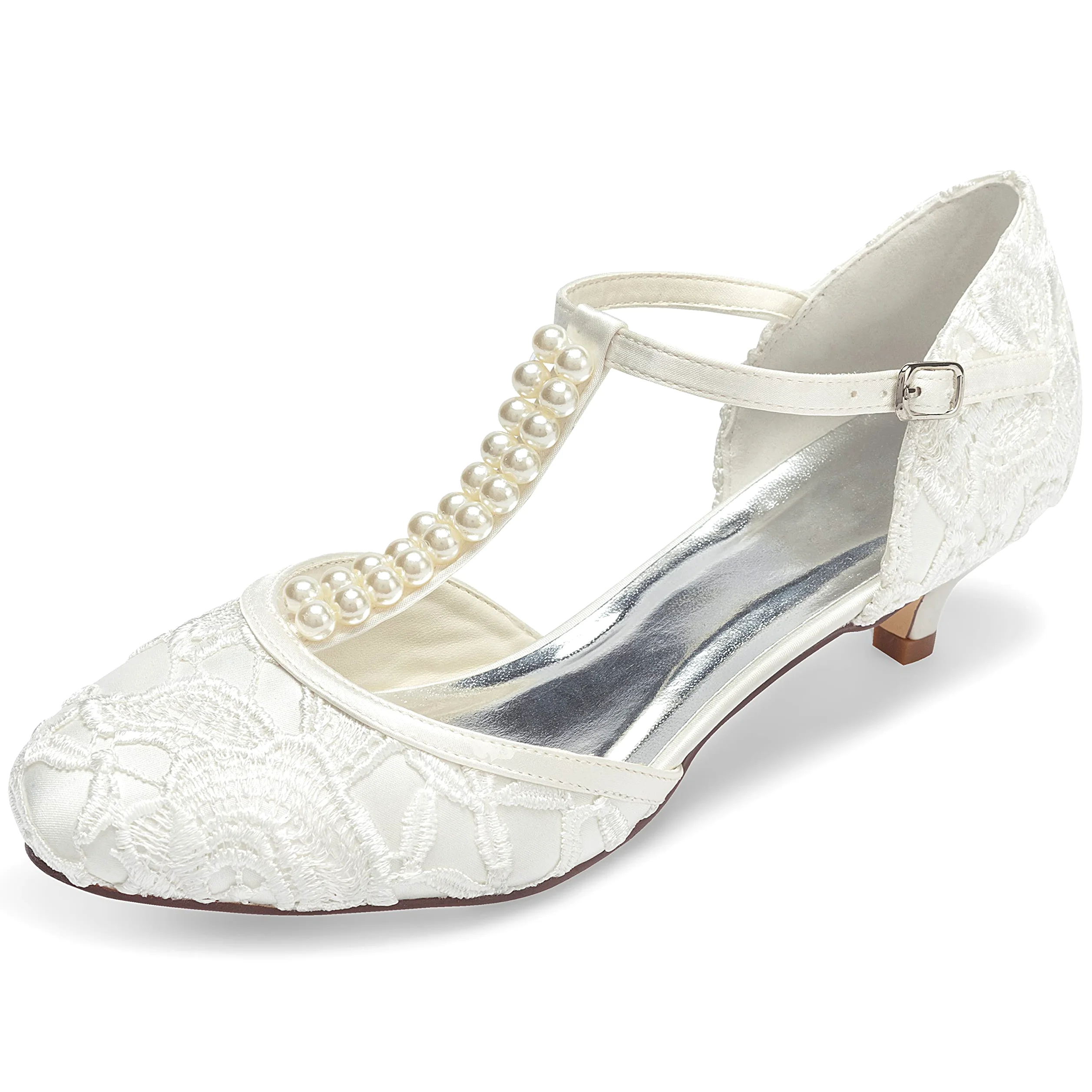 JIAJIA Zapatos de Novia de Las Mujeres 01129 Cerrado Dedo del Pie Correa en T Bajo Talón Satén de Encaje Bombas de Imitación Zapatos de Boda