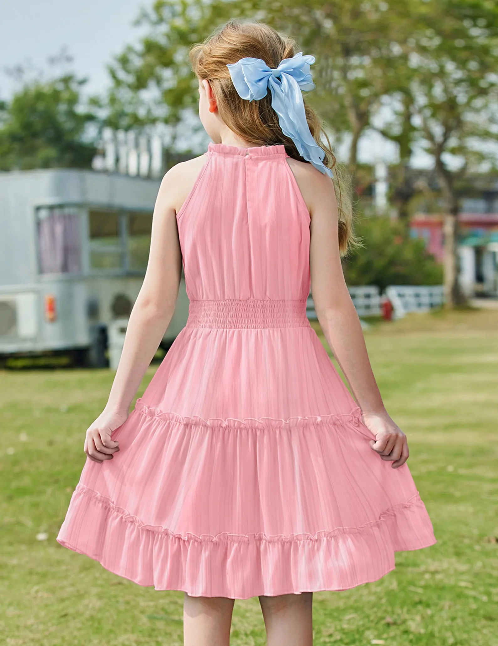 Arshiner Vestidos para Niña Verano Sin Mangas Fiesta Niños Vestido Festivo Cuello Halter Vestidos Ligero Gasa Hombros Descubiertos Midi Informal Corte A Vestido de Noche Elegante para Niñas 6-13 Años