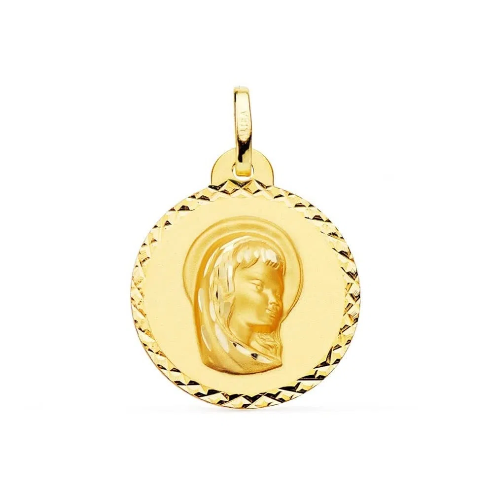 Virgen Niña medalla oro 18k Primera Comunión 20mm. detalles tallados bisel lineas cruzadas