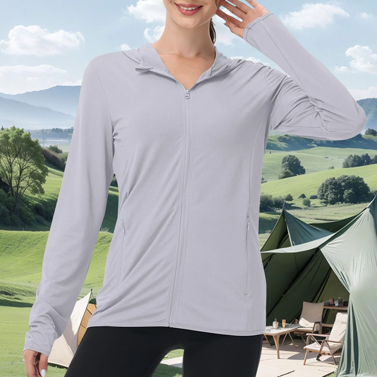 Chaqueta de protección UV para mujer manga larga transpirable capucha deportiva verano