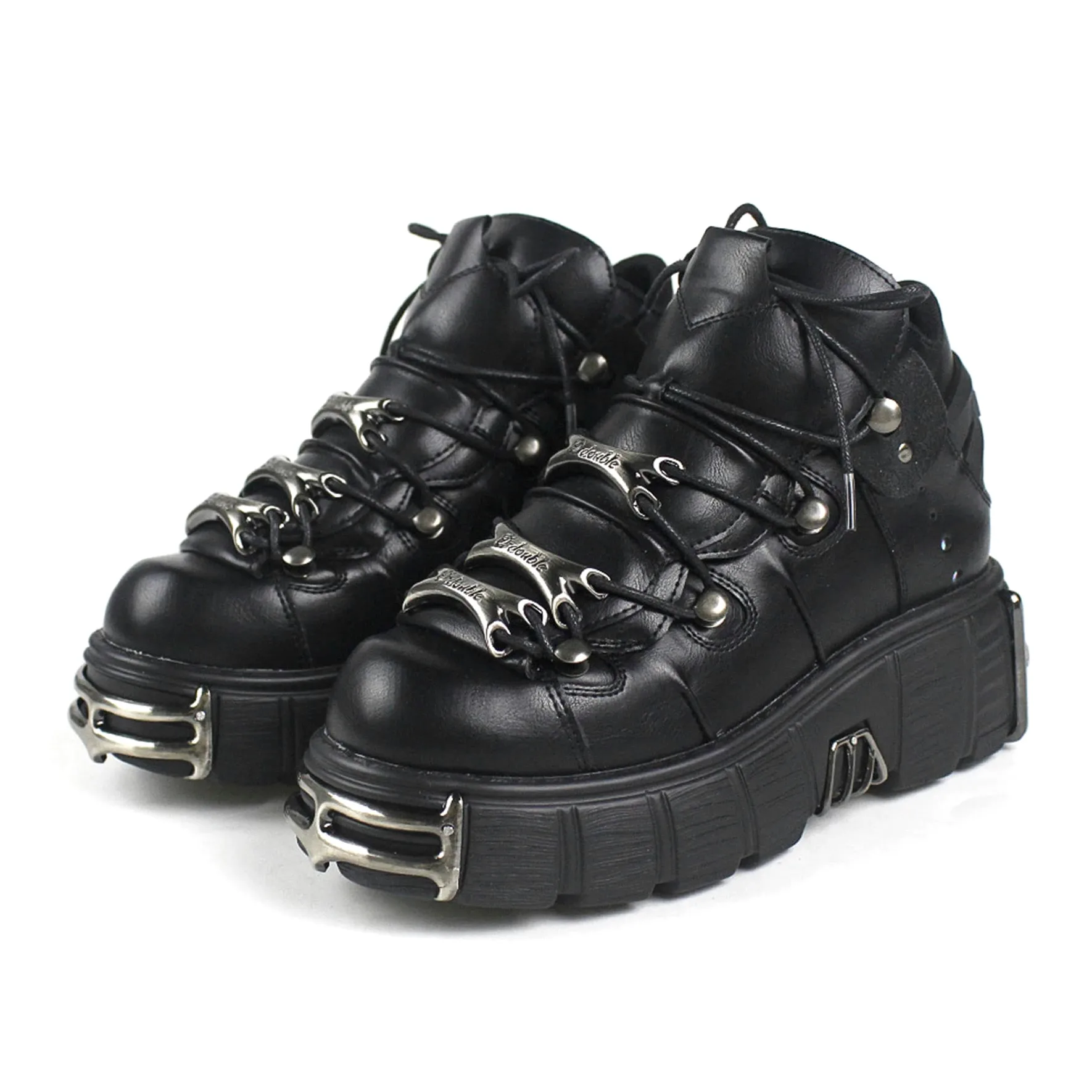 DONLIS Botas de tacón Alto para Mujer, Zapatos de Cuero Estilo Rock de Metal Pesado, Botas de Plataforma gótica, Botines con Cordones de tacón Grueso Punk